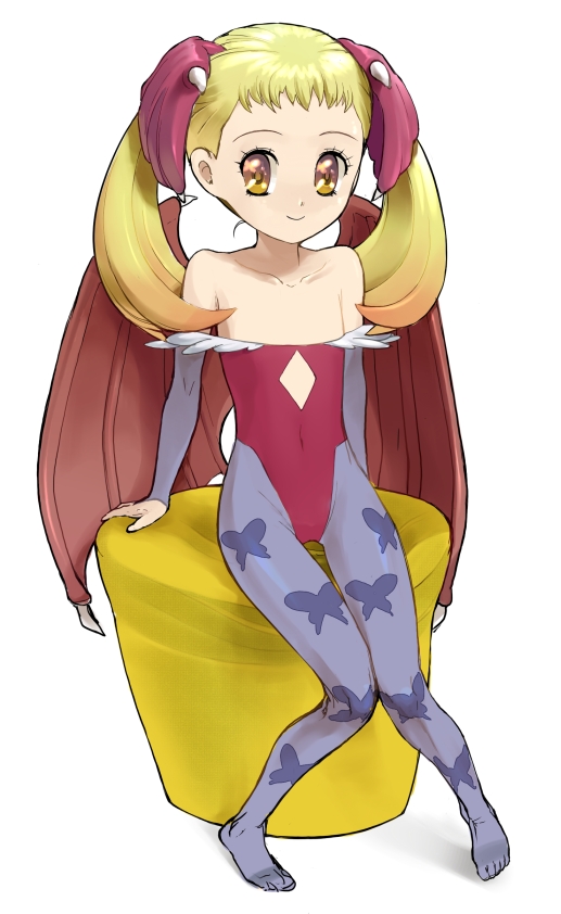 moudoku (decopon3rd), kasugano urara (yes! precure 5), lilith (darkstalkers), capcom, darkstalkers, precure, yes! precure 5, 1girl, animal print, arm support, blonde hair, butterfly print, cosplay, demon girl, demon wings, eyelashes, female focus, flat chest, head wings, knees together feet apart, leotard, lilith (darkstalkers) (cosplay), pantyhose, patterned legwear, print pantyhose, red leotard, sitting, solo, twintails, wings, yellow eyes