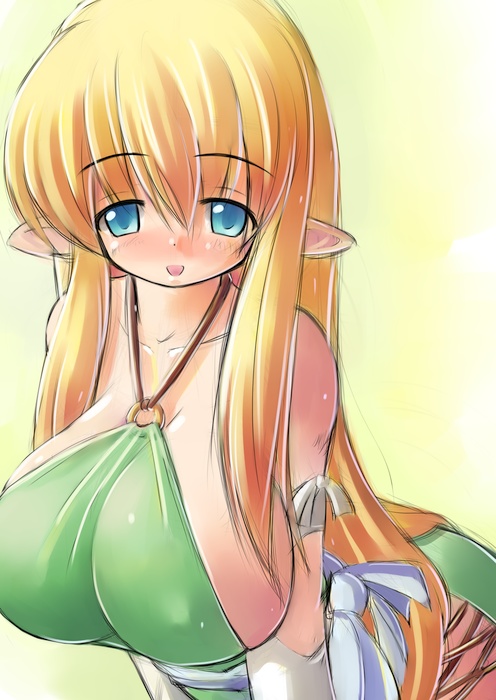 kourourin, tiffania westwood, zero no tsukaima, 00s, blonde hair, blue eyes, blush, breasts, elf, halterneck, huge breasts, long hair, pointy ears, solo