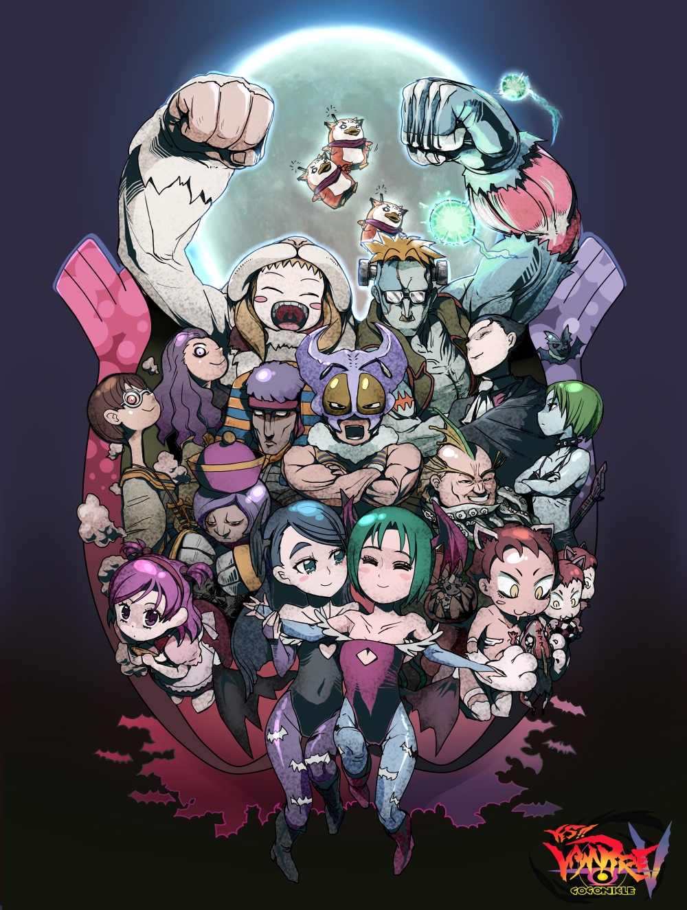 moudoku (decopon3rd), akimoto komachi, akimoto madoka, bunbee, bunbee (yes! precure 5), coco (precure 5), coco (yes! precure 5), felicia (darkstalkers), kasugano urara (yes! precure 5), lilith (darkstalkers), masuko mika, milk (yes! precure 5), mimino kurumi, minazuki karen, morrigan aensland, natsuki rin, nuts (yes! precure 5), sakamoto-san (precure 5), syrup (precure 5), syrup (yes! precure 5), yumehara nozomi, capcom, darkstalkers, precure, yes! precure 5, yes! precure 5 gogo!, print legwear, character request, highres, 6+girls, animal print, bat print, bridal gauntlets, cosplay, felicia (darkstalkers) (cosplay), leotard, lilith (darkstalkers) (cosplay), moon, morrigan aensland (cosplay), multiple boys, multiple girls, pantyhose, patterned legwear, red leotard