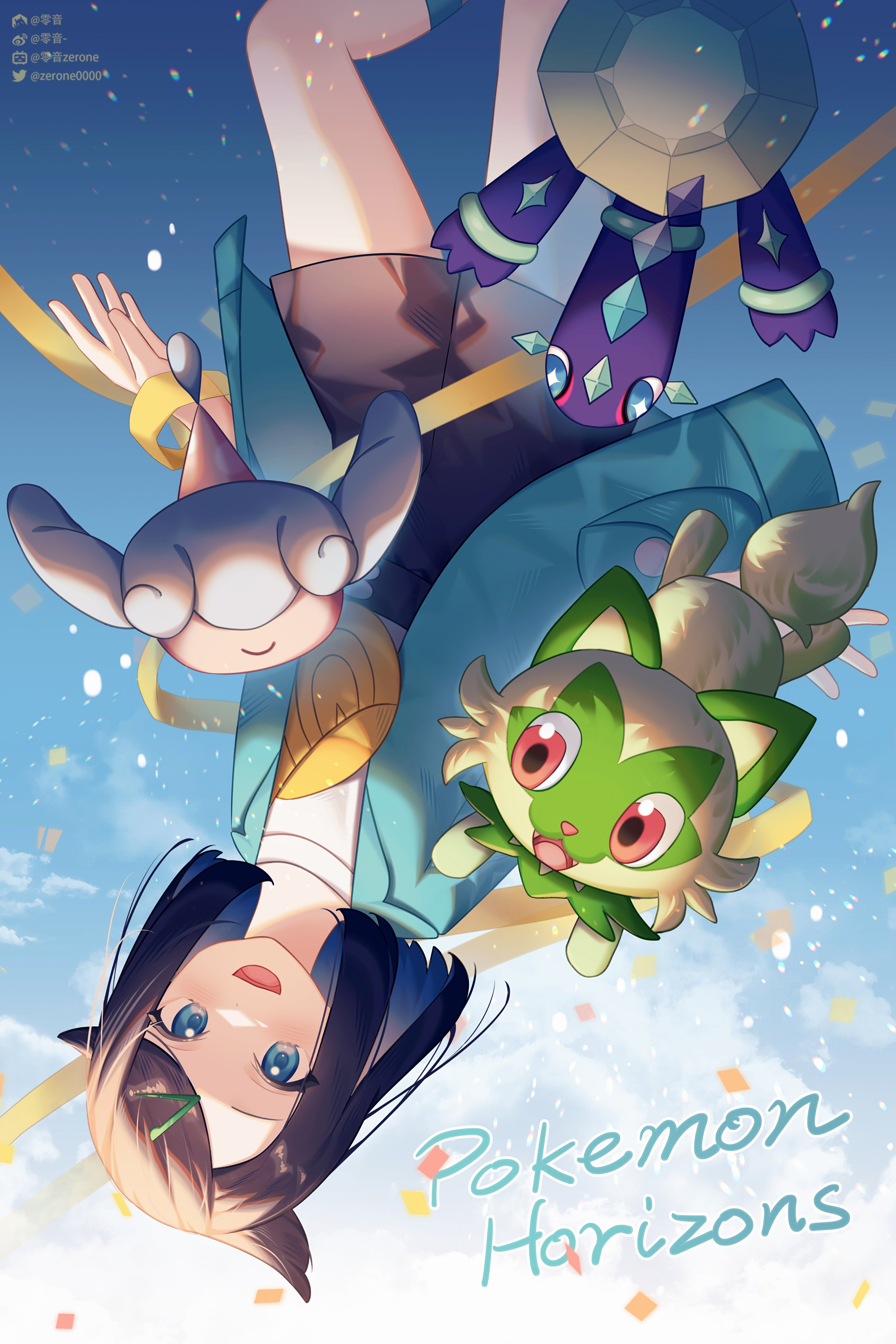 hatenna, liko (pokemon), sprigatito, terapagos, nintendo, pokemon, pokemon (anime), pokemon horizons, absurdres, commentary, highres, 1girl, :d, black hair, black shorts, blue eyes, copyright name, falling, gen 8 pokemon, hair ornament, hairclip, happy, jacket, looking at viewer, open clothes, open jacket, open mouth, outdoors, pokemon (creature), shirt, shorts, smile, swept bangs, upside-down, white shirt, yellow bag, zerone