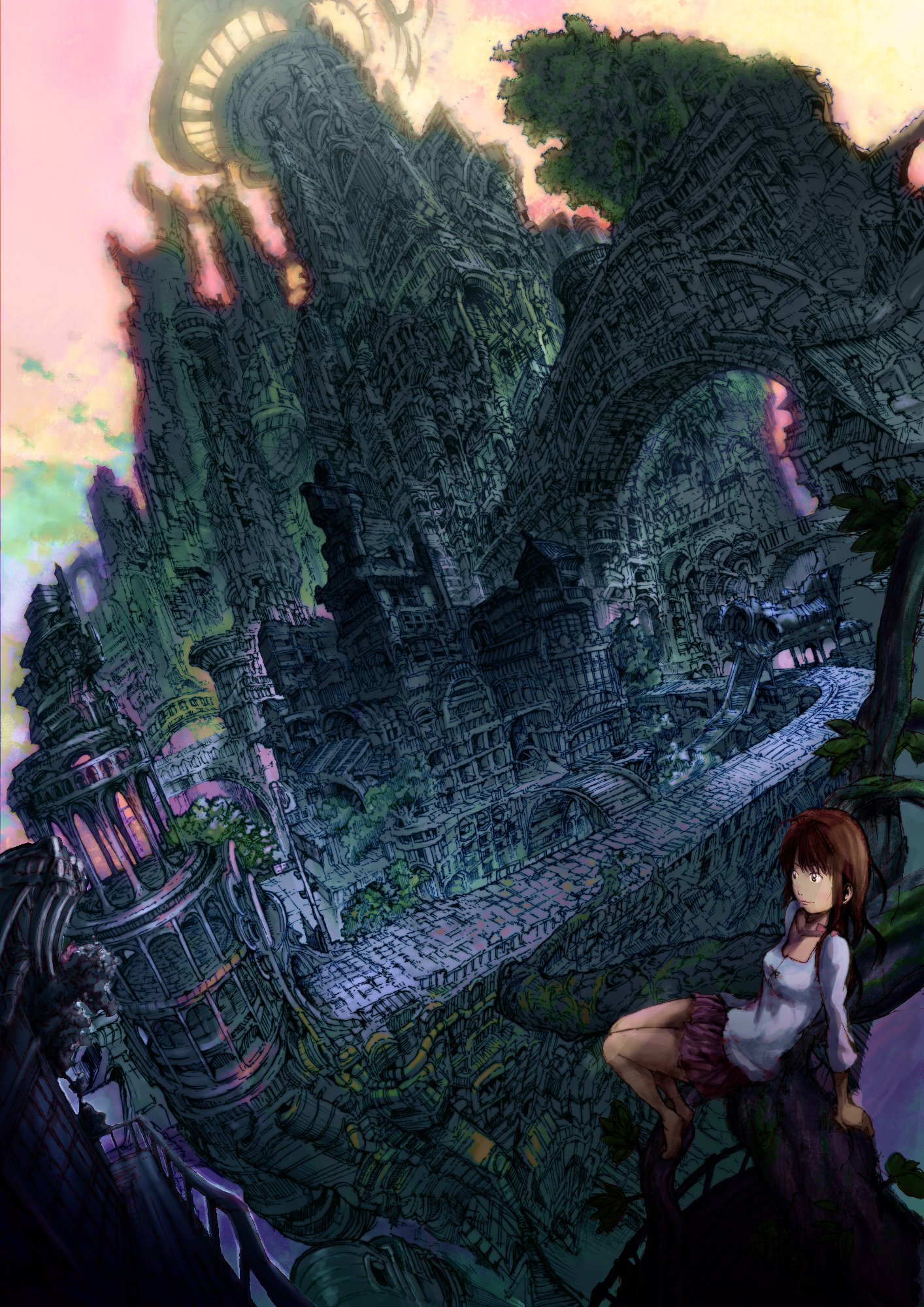 maguon, original, highres, 1girl, cityscape, female focus, grand scale, landscape, nature, outdoors, scenery, solo, tree