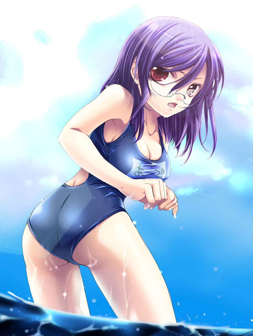 shinolion, takitsume shino, tieria erde, gundam, gundam 00, bad id, bad pixiv id, highres, 00s, 1girl, ass, breasts, cleavage, female focus, genderswap, genderswap (mtf), glasses, long hair, looking back, medium breasts, one-piece swimsuit, purple hair, school swimsuit, solo, swimsuit, water