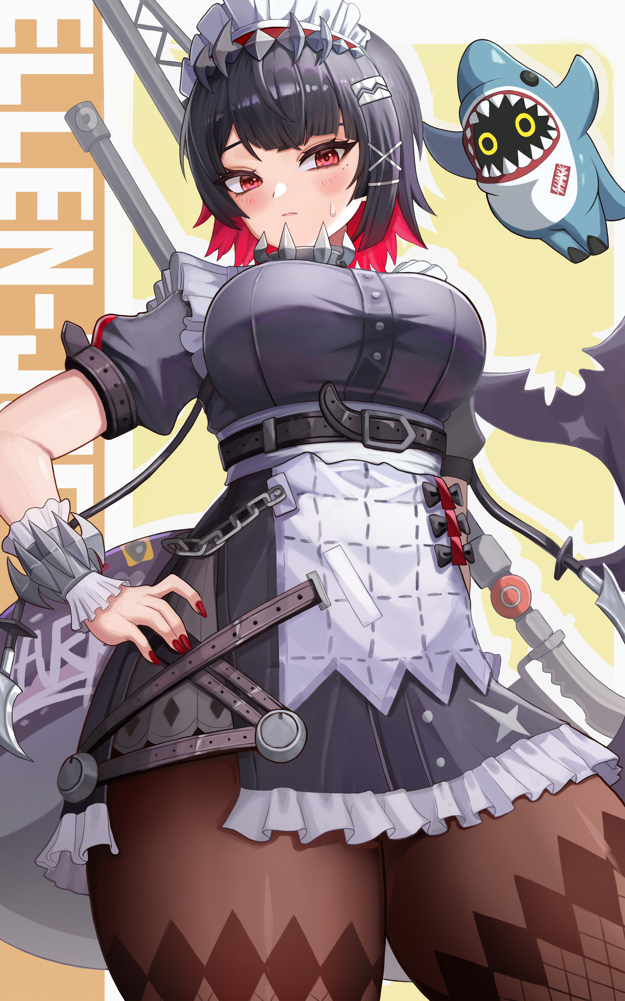 taiji (jonglopoggyeog1), ellen joe, sharkboo (zenless zone zero), zenless zone zero, absurdres, commentary, english commentary, highres, 1girl, 1other, apron, arm behind back, black dress, black hair, black pantyhose, blush, breasts, closed mouth, colored inner hair, dress, fins, fish tail, frilled apron, frilled hairband, frilled wrist cuffs, frills, hairband, hand on own hip, large breasts, maid, maid apron, maid headdress, multicolored hair, pantyhose, pink eyes, pink hair, puffy short sleeves, puffy sleeves, red nails, shark girl, shark tail, short sleeves, tail, thighs, waist apron, white apron, white wrist cuffs, wrist cuffs