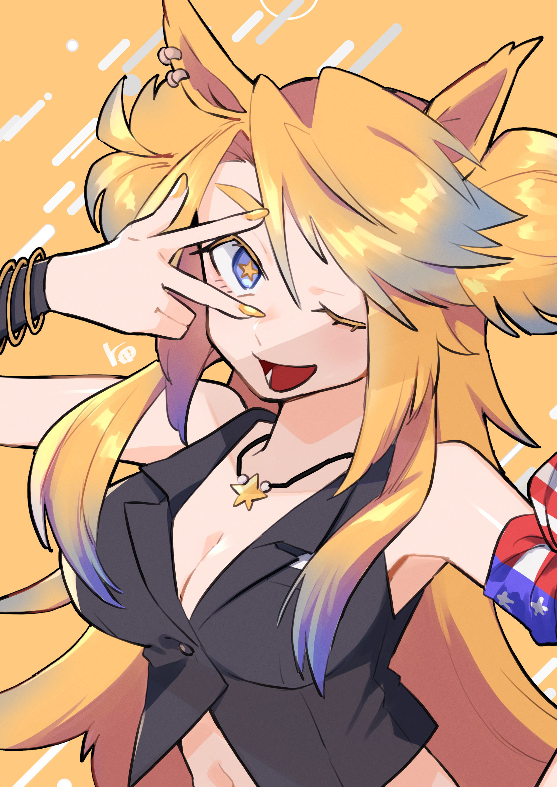 mainiti (g mainiti), obey your master (umamusume), umamusume, umamusume: cinderella gray, absurdres, commentary request, highres, 1girl, american flag, american flag print, animal ears, bandana around arm, black shirt, blonde hair, blue eyes, blue hair, bracelet, breasts, cleavage, flag print, horse ears, horse girl, jewelry, large breasts, long hair, looking at viewer, multicolored hair, navel, necklace, one eye closed, open mouth, shirt, sleeveless, sleeveless shirt, smile, solo, star-shaped pupils, star (symbol), star necklace, stomach, symbol-shaped pupils, two-tone hair, upper body, w, yellow nails