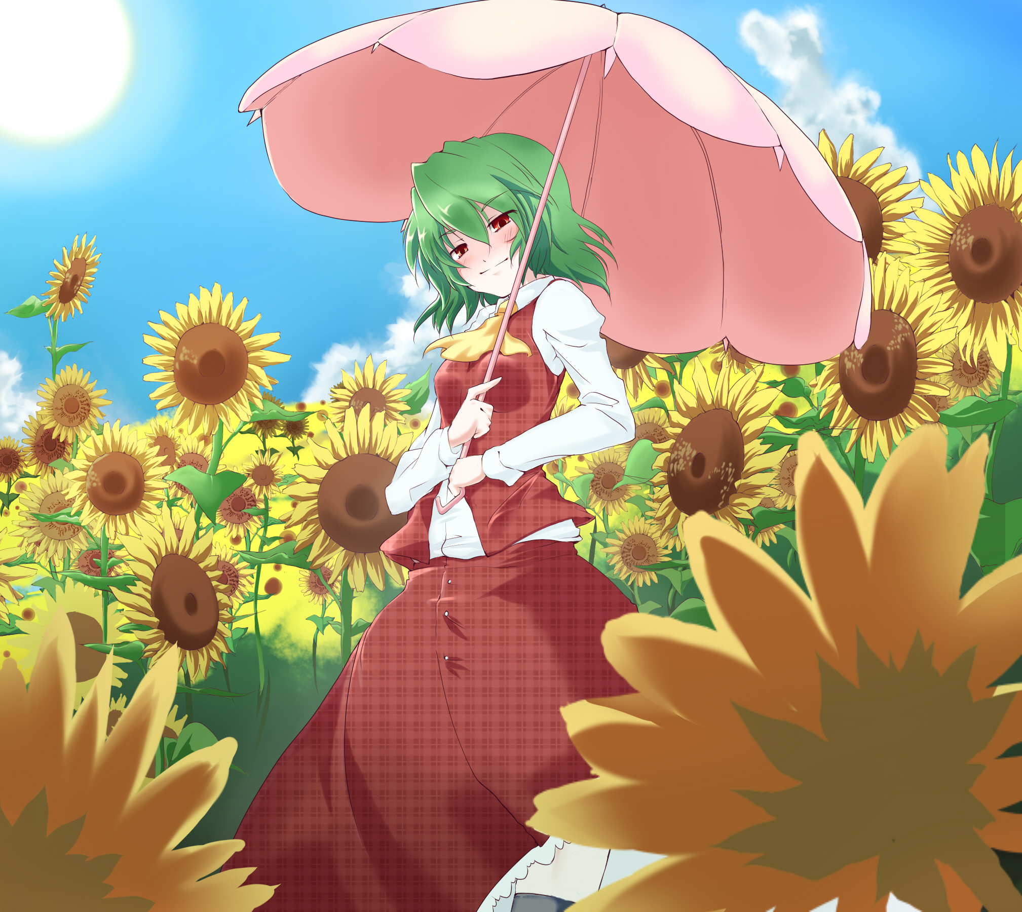 amagase lyle, kazami yuuka, touhou, highres, 1girl, ascot, blush, female focus, field, flower, flower field, from below, green hair, nature, plaid clothes, plaid skirt, plaid vest, red eyes, short hair, skirt, skirt set, smile, solo, sun, sunflower, sunflower field, umbrella, unmoving pattern, vest