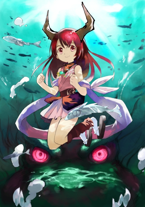 ogawa maiko, naga (staygarden), ryuujin naga, 1girl, bare shoulders, bubble, dragon, dragon girl, female focus, fish, horns, japanese clothes, long hair, monster girl, red hair, solo, tabi, underwater, water