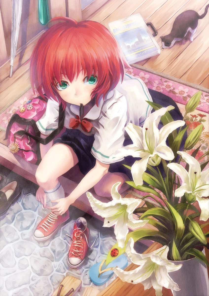 hyuuga azuri, converse, original, highres, 1girl, bag, cat, female focus, flower, green eyes, lily (flower), mouth hold, porch, red hair, school uniform, serafuku, shoes, sneakers, solo, umbrella, veranda
