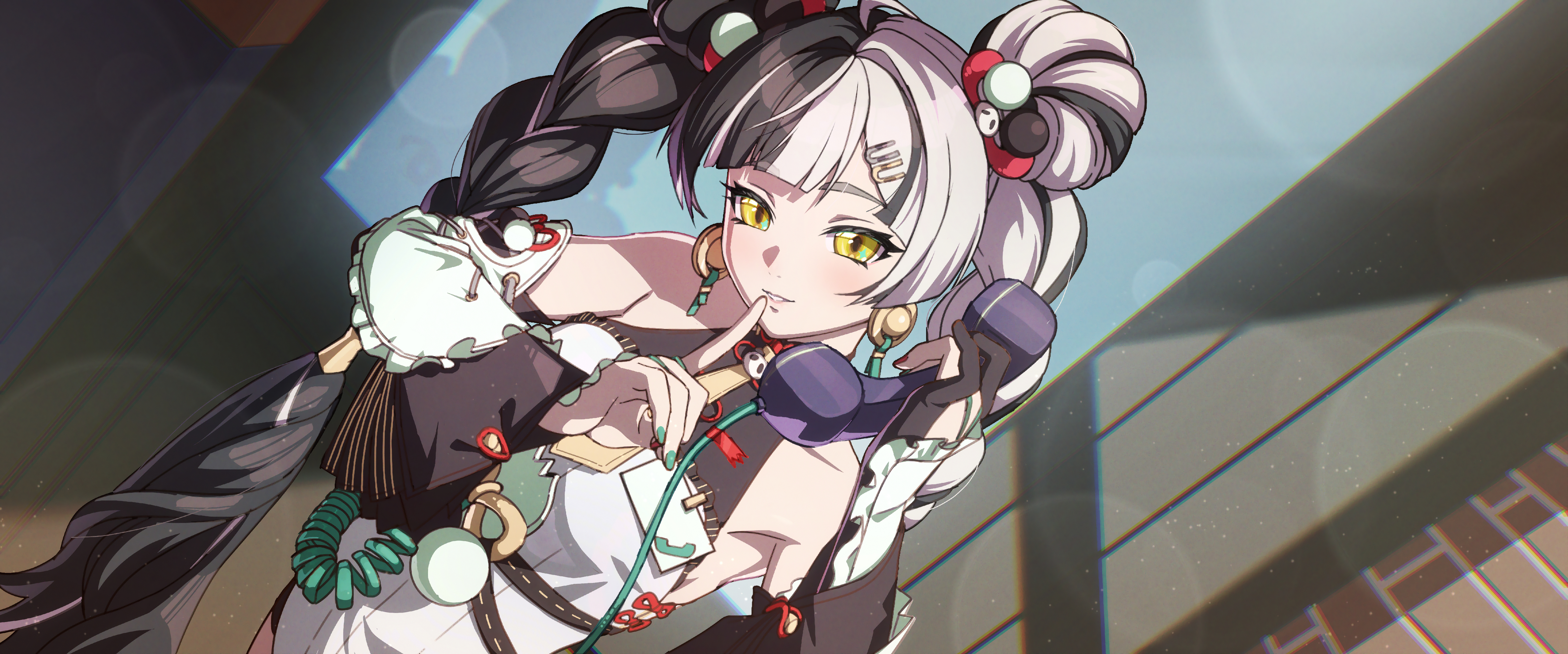 yanagino (yanagino3), dialyn (zenless zone zero), zenless zone zero, absurdres, commentary request, highres, 1girl, ahoge, aqua nails, bare shoulders, black hair, braid, braided twintails, brick wall, china dress, chinese clothes, corded phone, detached sleeves, double bun, dress, earrings, finger to mouth, hair bun, hair ornament, hairclip, hand up, head tilt, holding, holding phone, id card, jewelry, lens flare, long hair, looking at viewer, multicolored hair, multicolored nails, necktie, outdoors, panda hair ornament, parted lips, phone, red nails, shushing, solo, sparkling eyes, split-color hair, upper body, white dress, white hair, wire, yellow eyes, yellow necktie