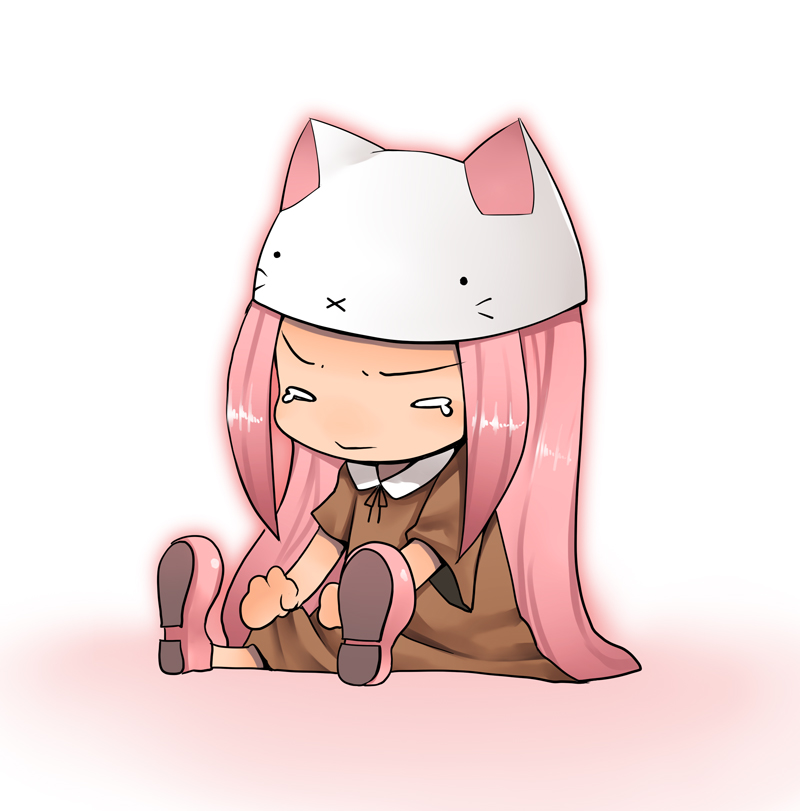 kosame daizu, megurine luka, megurine luka (toeto), toeto (vocaloid), vocaloid, bad id, bad pixiv id, 1girl, animal hat, cat hat, chibi, female focus, hat, long hair, pink hair, solo, tears, x mouth