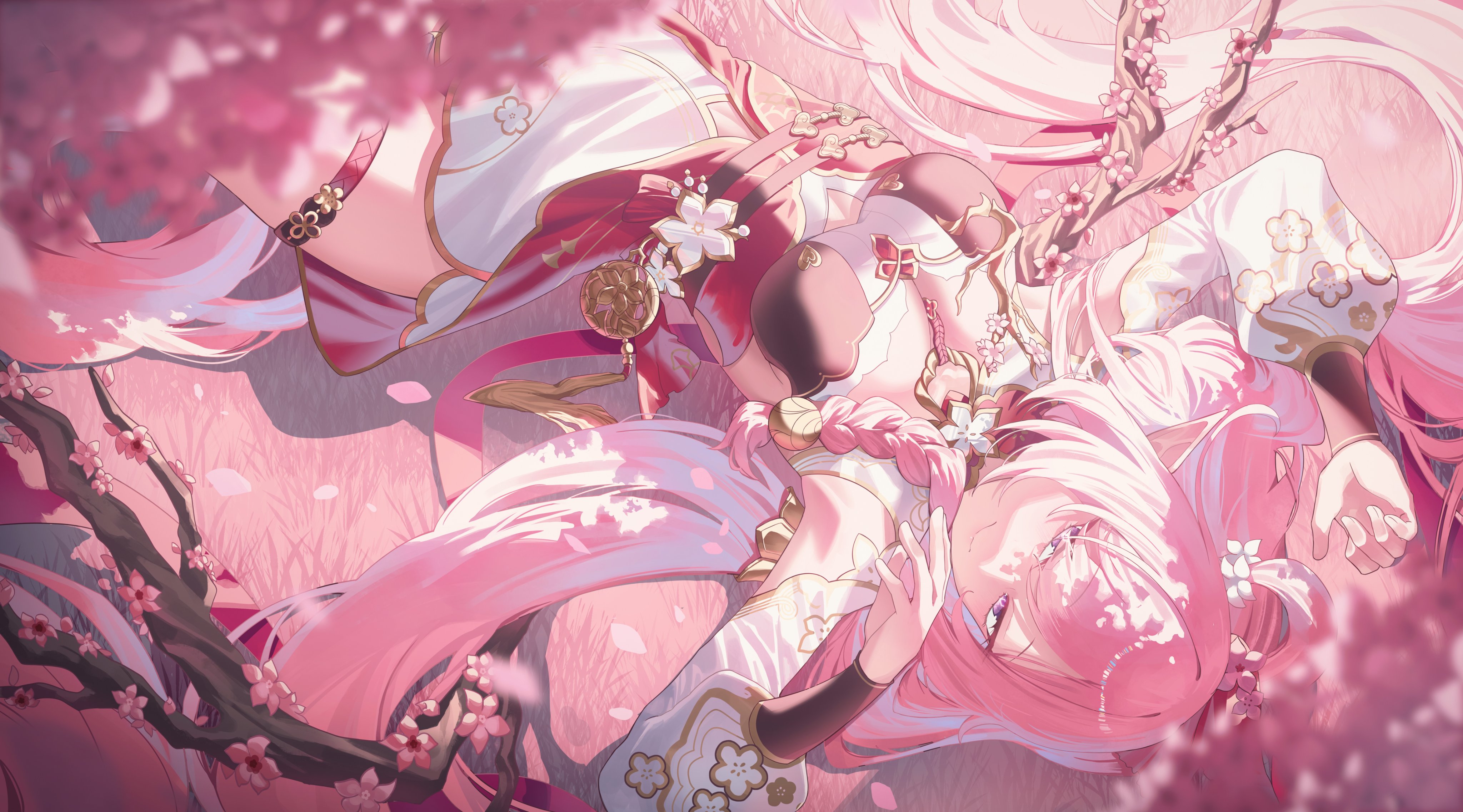 hyume 26, elysia (herrscher of human: ego) (honkai impact), elysia (honkai impact), elysia (peachy spring) (honkai impact), honkai (series), honkai impact 3rd, absurdres, highres, 1girl, arm up, branch, breasts, cleavage, closed mouth, dress, from above, hand up, large breasts, long hair, looking at viewer, lying, official alternate costume, on back, pink hair, pink theme, pointy ears, purple eyes, sidelocks, smile, solo, thigh strap, thighs