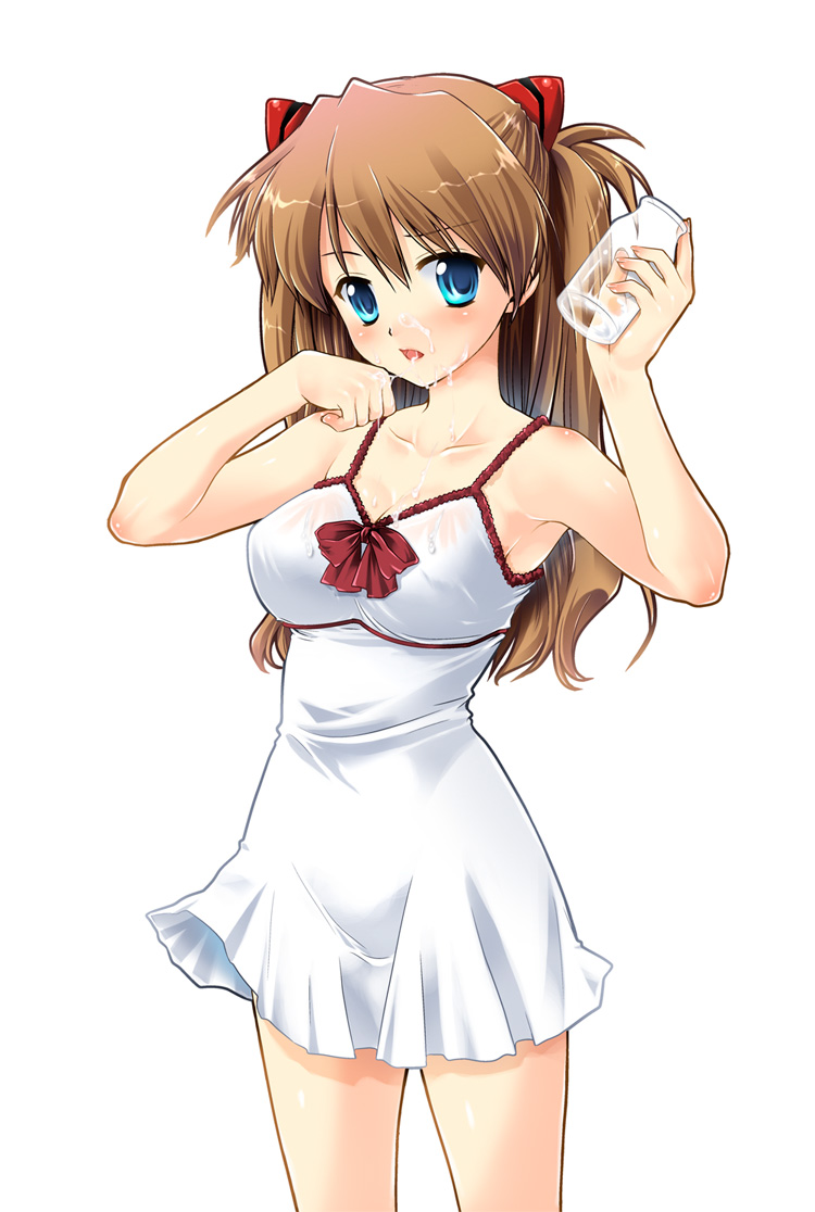 kurosawa kiyotaka, souryuu asuka langley, evangelion: 2.0 you can (not) advance, neon genesis evangelion, rebuild of evangelion, messy, 00s, 1girl, :o, armpits, bare shoulders, blue eyes, blush, body blush, bottle, bow, breasts, brown hair, chemise, cleavage, clenched hand, collarbone, cowboy shot, female focus, hair ornament, hand to own mouth, hands up, holding, holding bottle, lace, large breasts, legs apart, lingerie, long hair, looking at viewer, milk, milk bottle, open mouth, parted bangs, raised eyebrow, red bow, see-through clothes, sexually suggestive, simple background, solo, standing, suggestive fluid, transparent, twintails, two side up, underwear, underwear only, wet, wet clothes, white background