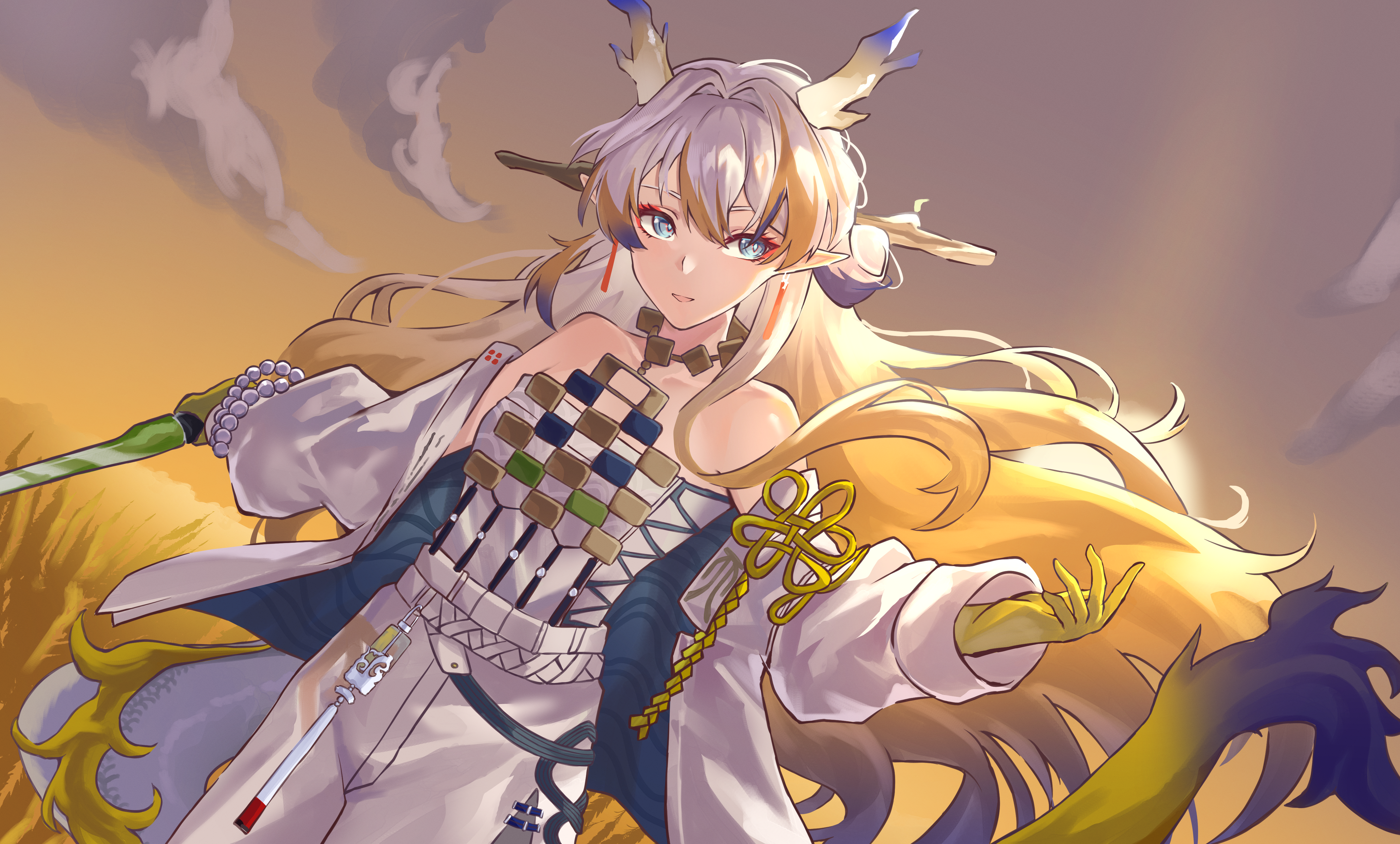 tapume, shu (arknights), arknights, absurdres, commentary request, highres, 1girl, bare shoulders, bead necklace, beads, blonde hair, blue hair, breasts, collarbone, dragon girl, dragon horns, dragon tail, earrings, eastern dragon horns, eastern dragon tail, green eyes, holding, holding sword, holding weapon, horns, jacket, jewelry, long hair, long sleeves, looking at viewer, medium breasts, necklace, pants, parted lips, pointy ears, shirt, smile, solo, strapless, strapless shirt, sunset, sword, tail, tassel, tassel earrings, very long hair, weapon, white hair, white jacket, white pants
