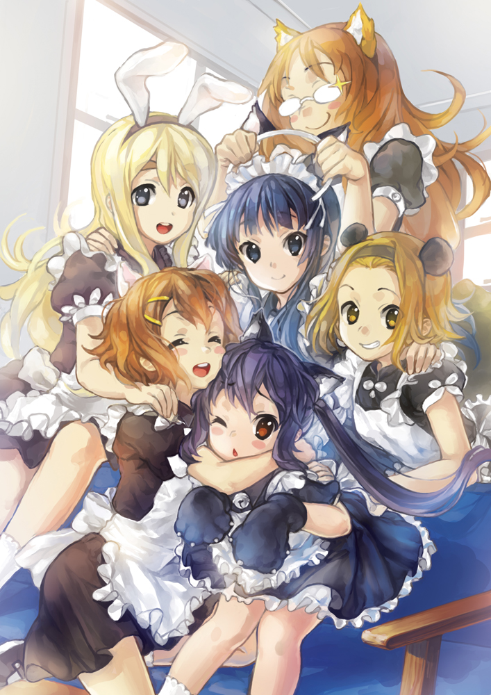 jane mere, akiyama mio, hirasawa yui, kotobuki tsumugi, nakano azusa, tainaka ritsu, yamanaka sawako, k-on!, 00s, 6+girls, alternate costume, animal ears, animal hands, blush stickers, cat ears, cat paws, enmaided, everyone, fox ears, frills, glasses, happy, ho-kago tea time, hug, kemonomimi mode, maid, maid headdress, multiple girls, panda ears, rabbit ears, smile, wince