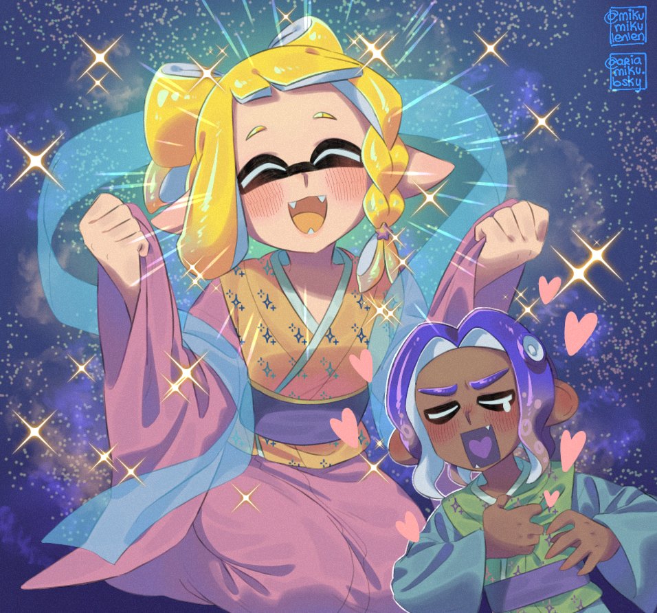 ariamikukanzaki, nintendo, splatoon (series), splatoon 3, commentary, 1boy, 1girl, blonde hair, blue hair, blue scarf, bow-shaped hair, chinese clothes, dark-skinned male, dark skin, eyebrow cut, fangs, hand on own chest, hirooooo (splatoon), inkling, octoling, pointy ears, scarf, signature, sitting, sparkle, tentacle hair, veronika (splatoon), very dark skin, wide sleeves, yokozuwari
