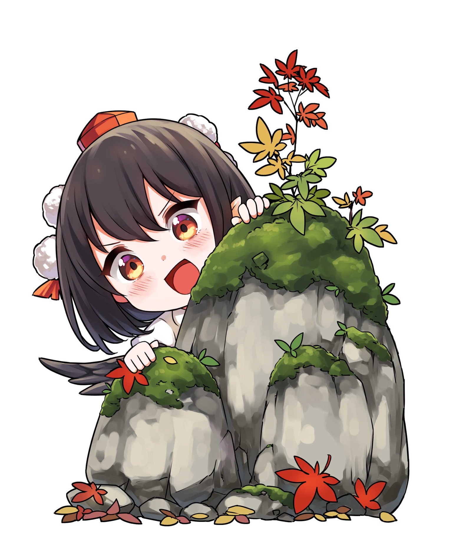 tatuhiro, shameimaru aya, touhou, commentary request, highres, 1girl, :d, autumn leaves, black hair, black wings, boulder, hat, hiding, leaf, looking at viewer, maple leaf, moss, open mouth, pom pom (clothes), red eyes, red hat, short hair, simple background, smile, solo, tokin hat, v-shaped eyebrows, white background, wings