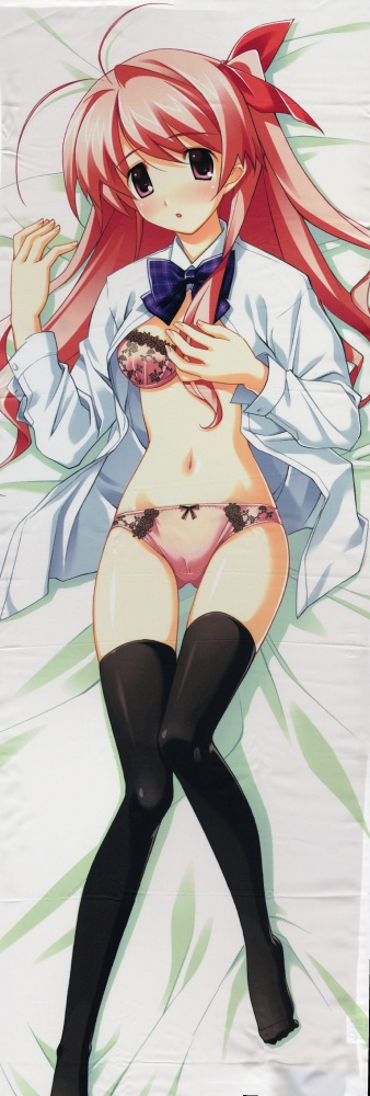 sasaki mutsumi, sakihata rimi, chaos;head, science adventure, scan, 00s, 1girl, bra, crease, dakimakura (medium), female focus, lingerie, one side up, open clothes, open shirt, panties, shirt, solo, thighhighs, underwear
