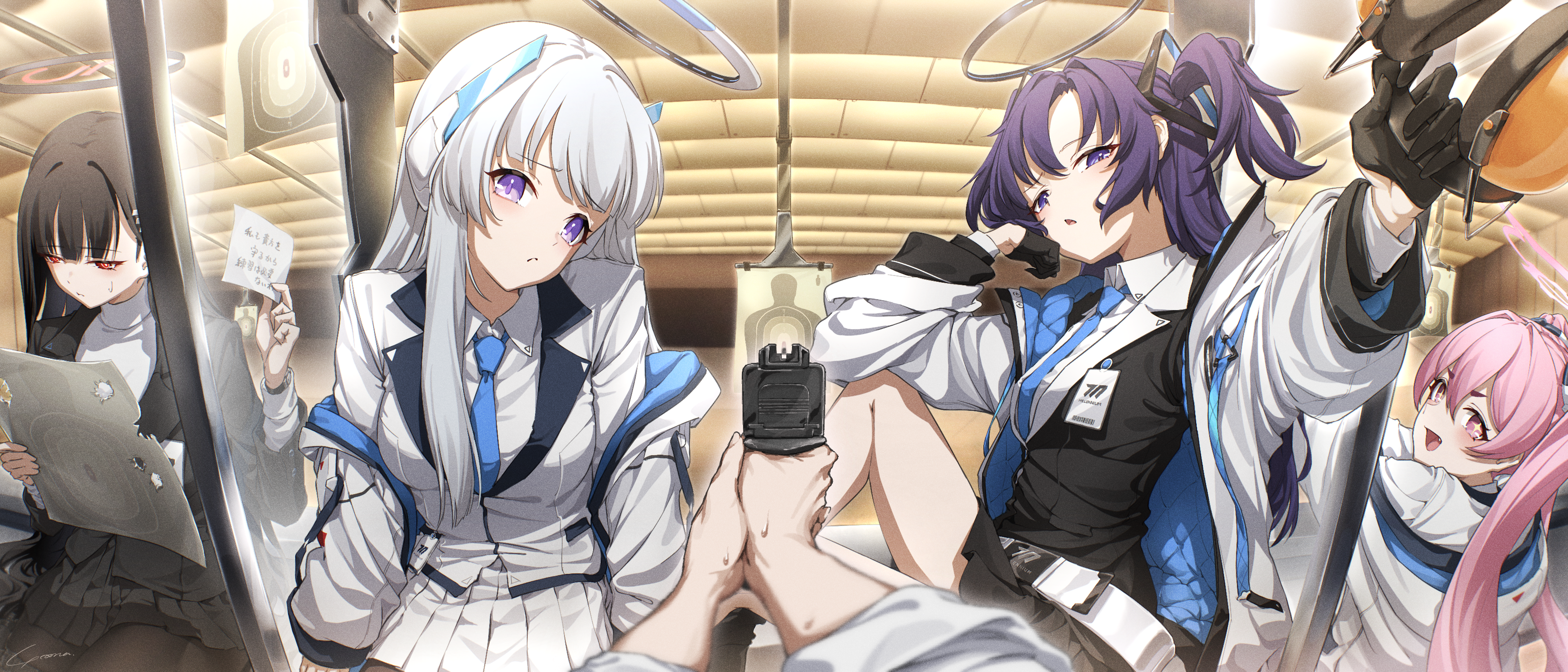 yo na, koyuki (blue archive), noa (blue archive), rio (blue archive), sensei (blue archive), yuuka (blue archive), blue archive, absurdres, commentary request, highres, 1boy, 4girls, aiming, belt, black gloves, black hair, black jacket, black pantyhose, black skirt, blue necktie, bullet hole, closed mouth, collared shirt, ear protection, gloves, gun, hair ornament, halo, handgun, holding, holding paper, holding weapon, id card, indoors, jacket, jacket partially removed, long hair, looking at viewer, mechanical halo, millennium science school logo, multiple girls, necktie, note, pantyhose, paper, pink eyes, pink hair, pink halo, pleated skirt, purple eyes, purple hair, red eyes, shirt, shooting range, silhouette target, skirt, sleeves rolled up, target, target practice, triangle hair ornament, twintails, weapon, white belt, white hair, white shirt, white skirt