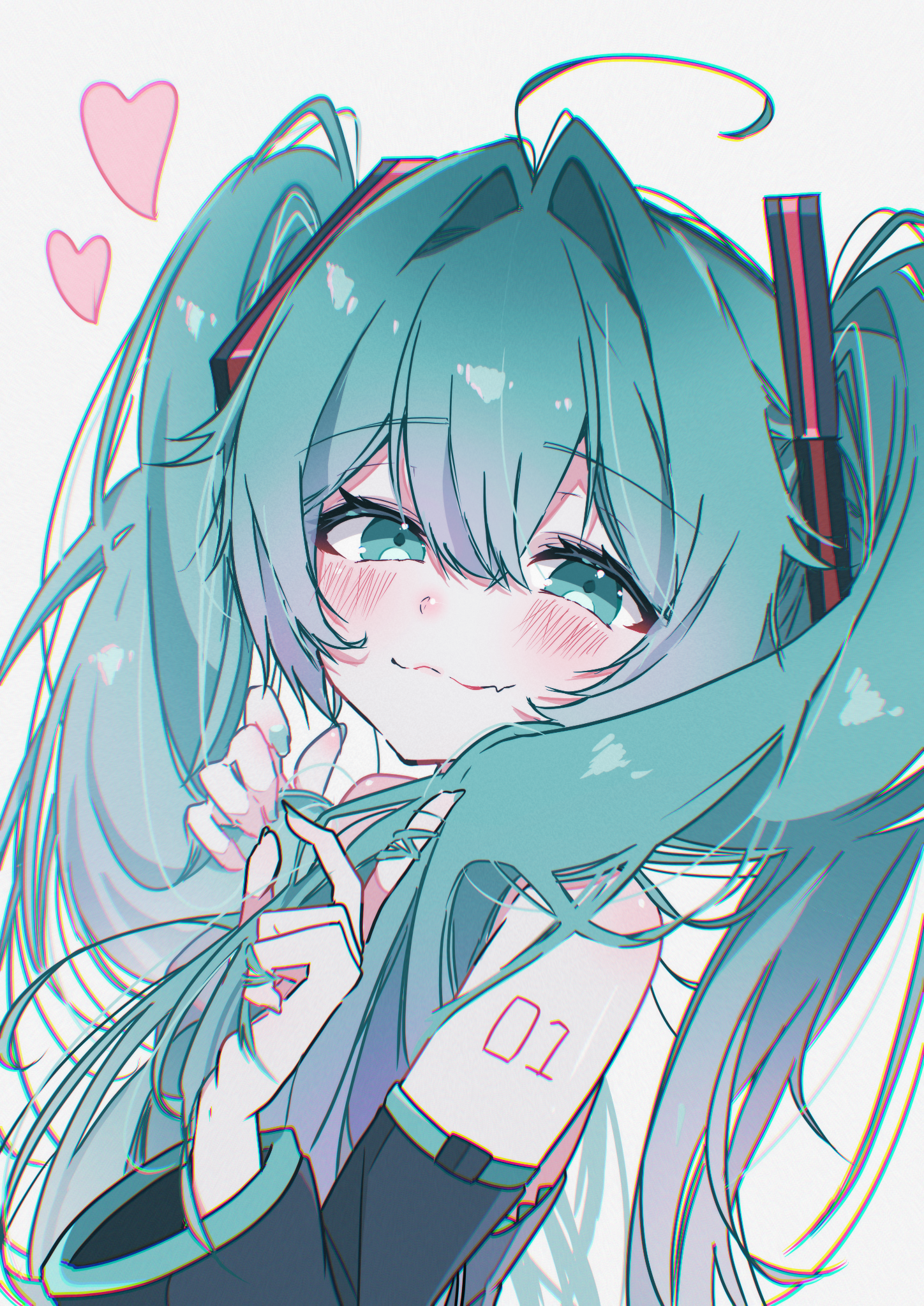 ria art, hatsune miku, vocaloid, commentary request, highres, 1girl, ahoge, aqua eyes, aqua hair, arm tattoo, blue eyes, blush, closed mouth, detached sleeves, fang, grey shirt, hair between eyes, hair intakes, hair ornament, heart, holding, holding own hair, long hair, looking at viewer, number tattoo, shirt, simple background, skin fang, smile, solo, tattoo, twintails, very long hair, white background