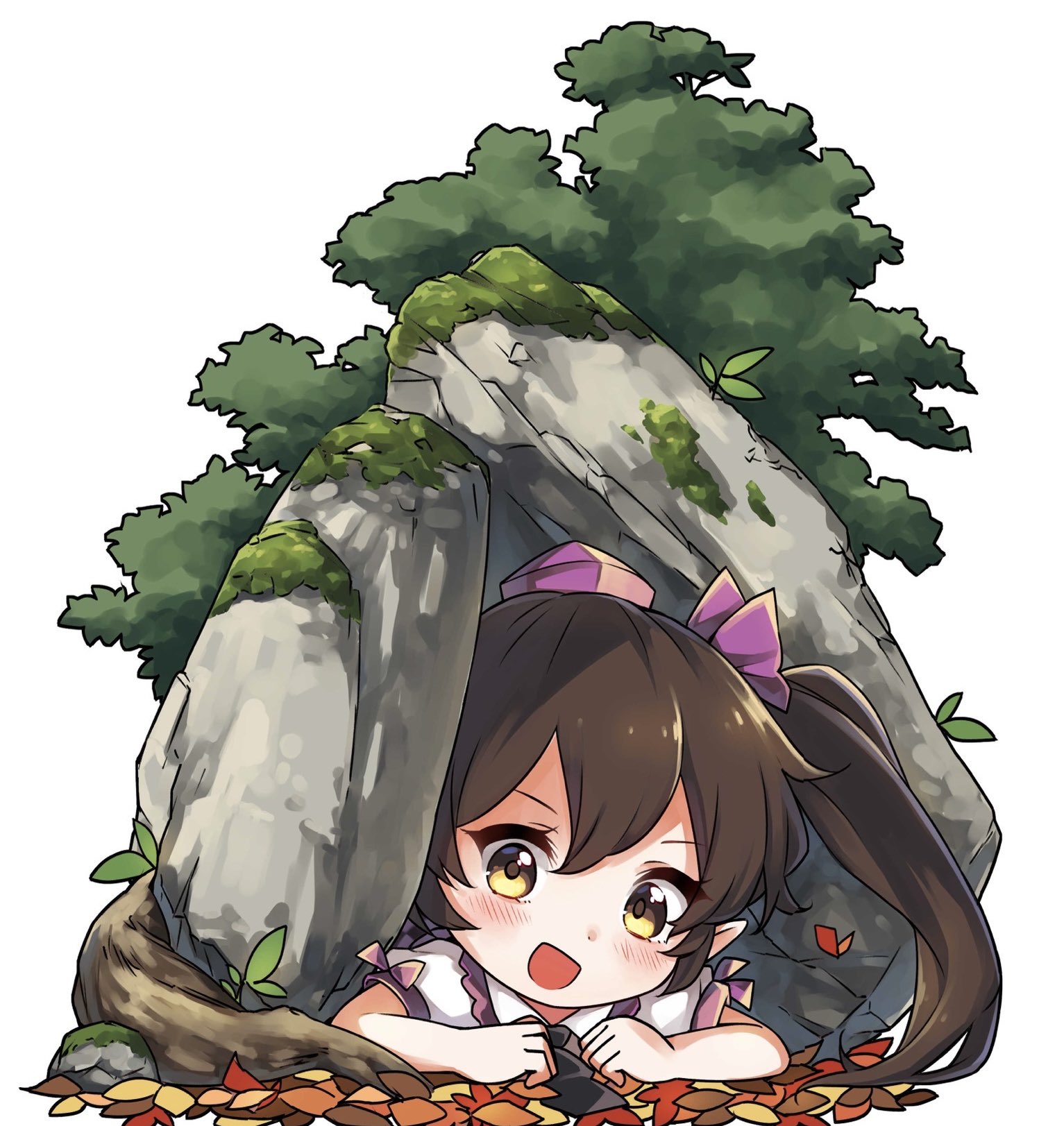 tatuhiro, himekaidou hatate, touhou, commentary request, highres, 1girl, :d, autumn leaves, black necktie, boulder, bow, brown eyes, brown hair, collared shirt, double-parted bangs, frilled shirt collar, frills, hair bow, hat, hiding, leaf, long hair, looking at viewer, lying, moss, necktie, on stomach, open mouth, pointy ears, puffy short sleeves, puffy sleeves, purple bow, purple hat, shirt, short sleeves, simple background, smile, solo, tokin hat, twintails, white background, white shirt