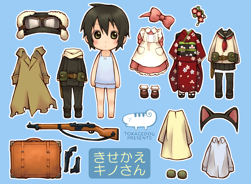 ari-ko, kino (kino no tabi), gakuen kino, kino no tabi, bad id, bad pixiv id, 00s, 1girl, androgynous, animal ears, barefoot, black hair, bow, cat ears, chibi, coat, dress, female focus, fur hat, goggles, gun, hair bow, handgun, hat, japanese clothes, lingerie, paper doll, pistol, reverse trap, rifle, school uniform, serafuku, shirt, short hair, solo, suitcase, thighhighs, underwear, weapon