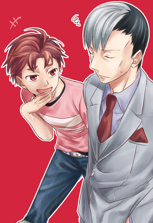 ikuhashi muiko, yashio kaito, robotics;notes, science adventure, commentary request, 2boys, black hair, breast pocket, business suit, casual, collared shirt, formal clothes, jacket, lapels, long sleeves, male focus, multicolored hair, multiple boys, necktie, notched lapels, pants, pocket, red necktie, sawada toshiyuki, shirt, suit, white hair