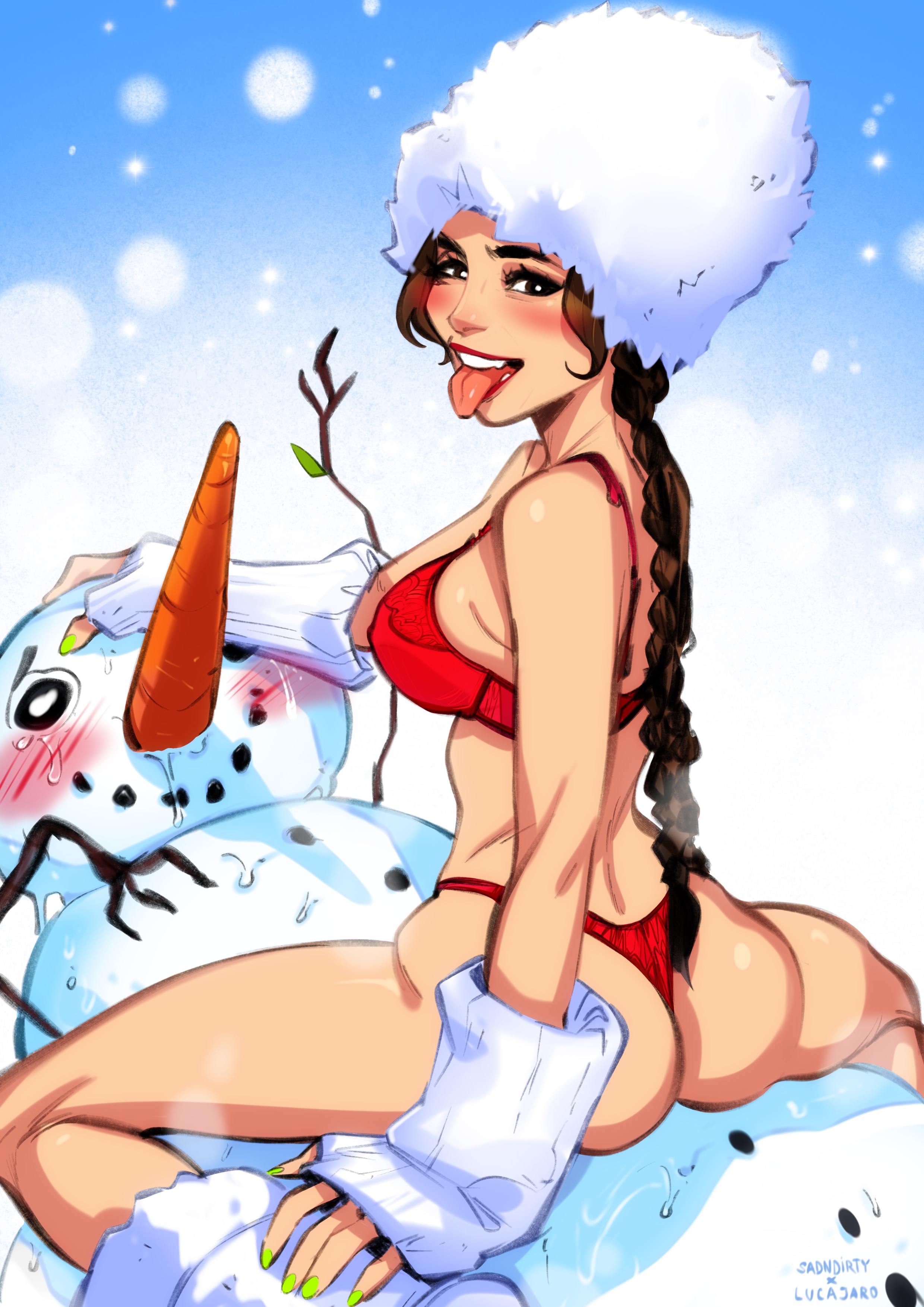 momdadno, original, absurdres, commentary, english commentary, highres, 1girl, :p, ass, blush, bra, braid, breasts, carrot, fur hat, girl on top, green nails, hat, large breasts, long hair, melting, nail polish, panties, red bra, red panties, shiny skin, smile, snow, snowman, sweat, teeth, tongue, tongue out, twintails, underwear