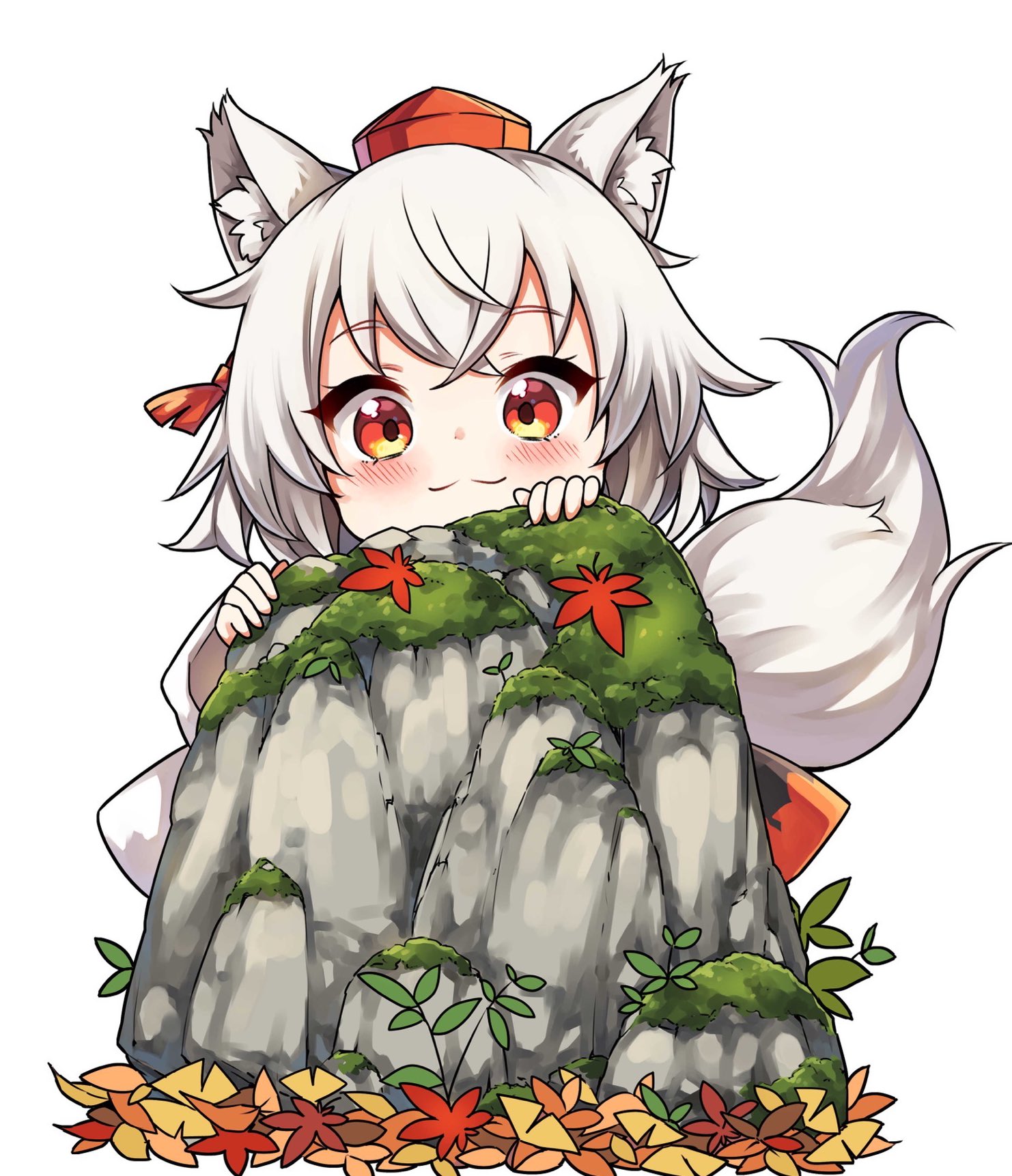 tatuhiro, inubashiri momiji, touhou, commentary request, highres, 1girl, :3, animal ear fluff, animal ears, autumn leaves, boulder, closed mouth, ginkgo leaf, hat, hiding, leaf, looking at viewer, maple leaf, moss, red eyes, red hat, short hair, simple background, solo, tail, tokin hat, white background, white hat, wolf ears, wolf girl, wolf tail