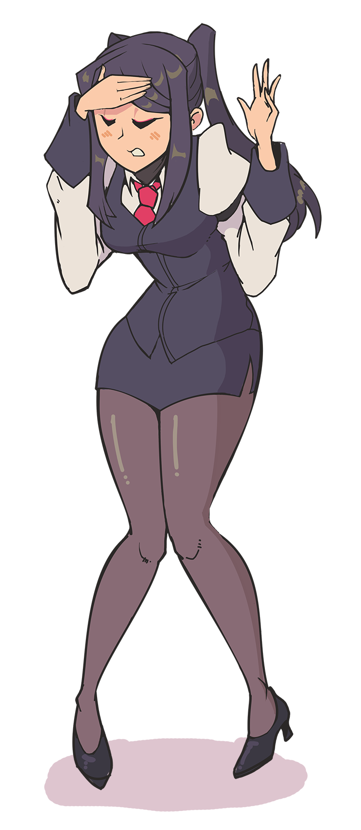 davewaterfalls, jill stingray, va-11 hall-a, 1girl, black hair, blush, closed eyes, dress, hand on own head, high heels, long sleeves, necktie, pantyhose, short dress, simple background, twintails