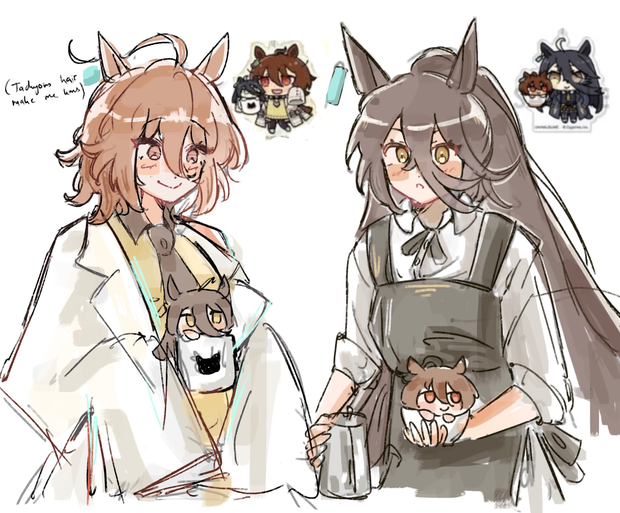 agnes tachyon (umamusume), manhattan cafe (umamusume), highres, 2girls, animal print, apron, black apron, black hair, black necktie, black ribbon, blush, brown hair, cat print, closed mouth, coat, coffee pot, cup, ear ornament, ear tag, earrings, hair between eyes, high ponytail, holding, holding coffee pot, holding cup, jewelry, lab coat, long hair, long hair between eyes, long sleeves, mini person, minigirl, mug, multiple girls, neck ribbon, necktie, nehlynn1, open mouth, ponytail, red eyes, ribbon, short hair, single earring, sleeves past fingers, sleeves past wrists, sleeves rolled up, smile, sweater, very long hair, white coat, yellow eyes, yellow sweater