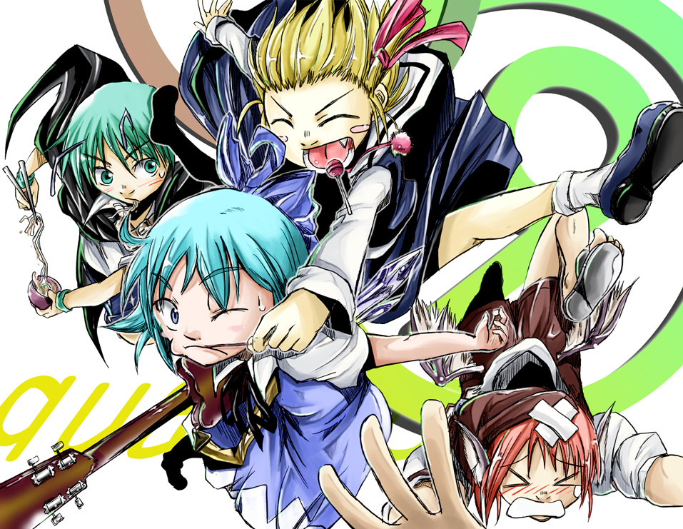 kinchan, cirno, mystia lorelei, rumia, wriggle nightbug, touhou, blonde hair, candy, fang, food, guitar, instrument, lollipop, noodles, red eyes, team 9 (touhou), tripping