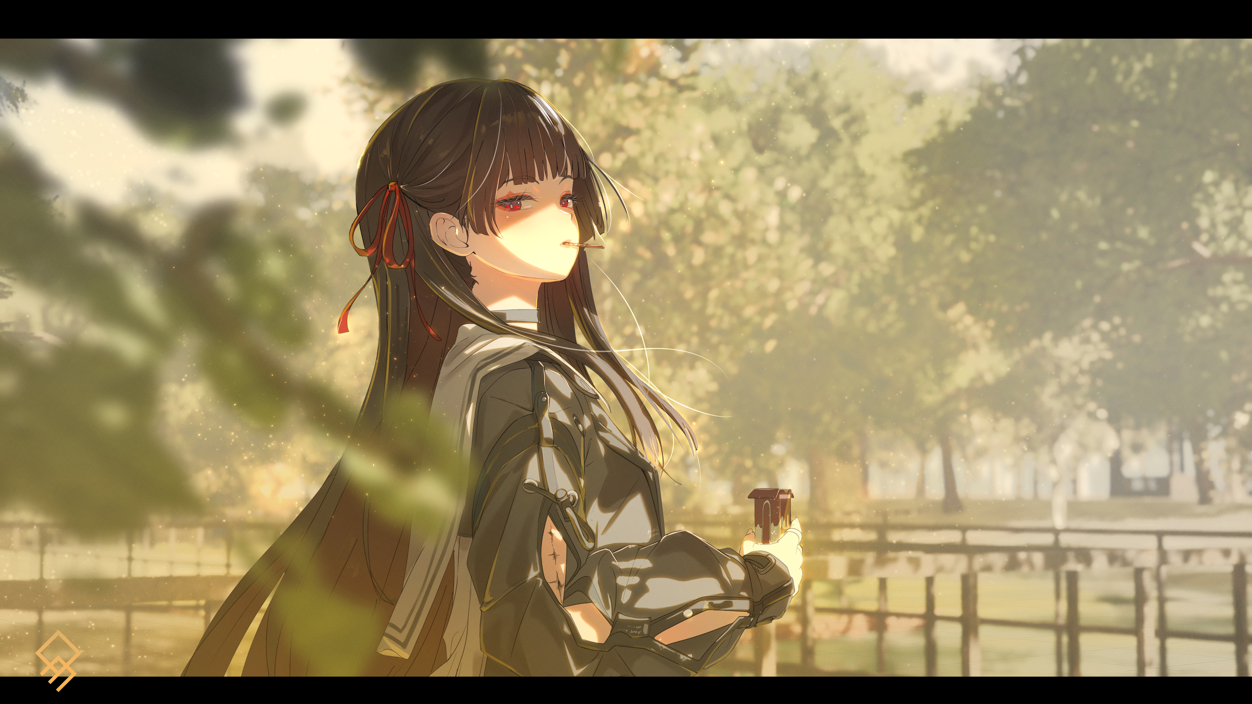 qurami, chisa (wuthering waves), wuthering waves, absurdres, commentary, english commentary, highres, 1girl, arm cutout, artist logo, black choker, black hair, black jacket, box, choker, clothing cutout, food, food in mouth, from side, hair ribbon, holding, holding box, jacket, letterboxed, logo, long hair, long sleeves, looking at viewer, looking to the side, outdoors, pocky, pocky in mouth, red eyes, red ribbon, ribbon, sailor collar, sideways glance, solo, upper body, white sailor collar