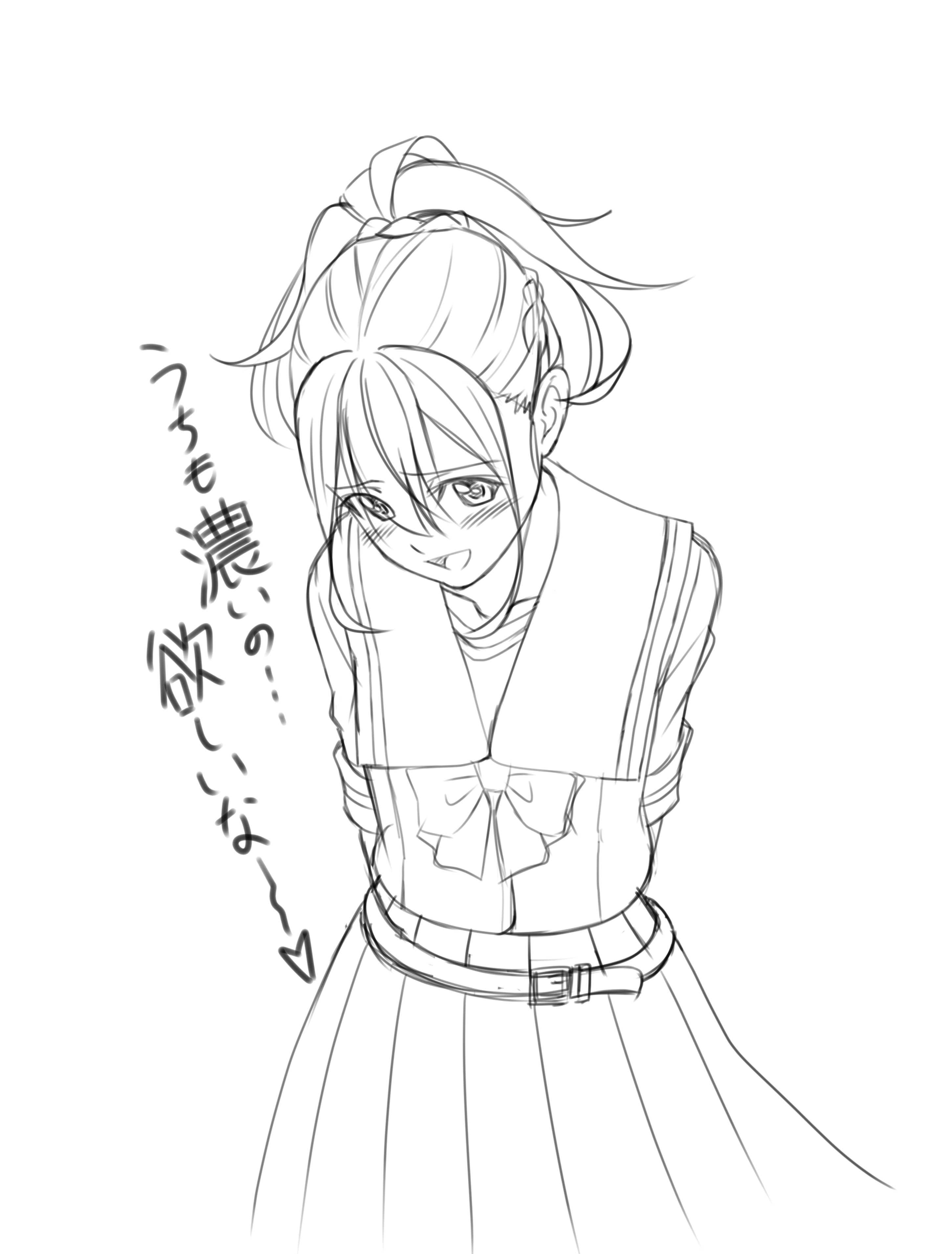 eibon, senomiya akiho, robotics;notes, science adventure, absurdres, commentary request, highres, translation request, 1girl, arms behind back, blush, braid, brown hair, chest bow, chuo tanegashima high school uniform, greyscale, half up braid, long hair, looking at viewer, monochrome, open mouth, pleated skirt, ponytail, ponytail with braided base, sailor collar, school uniform, shirt, short sleeves, simple background, skirt, smile, solo, white background, white shirt