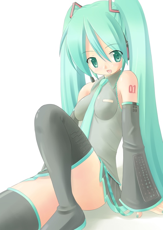 kourourin, hatsune miku, vocaloid, aqua eyes, aqua hair, detached sleeves, headset, long hair, simple background, sitting, skirt, solo, thighhighs, twintails