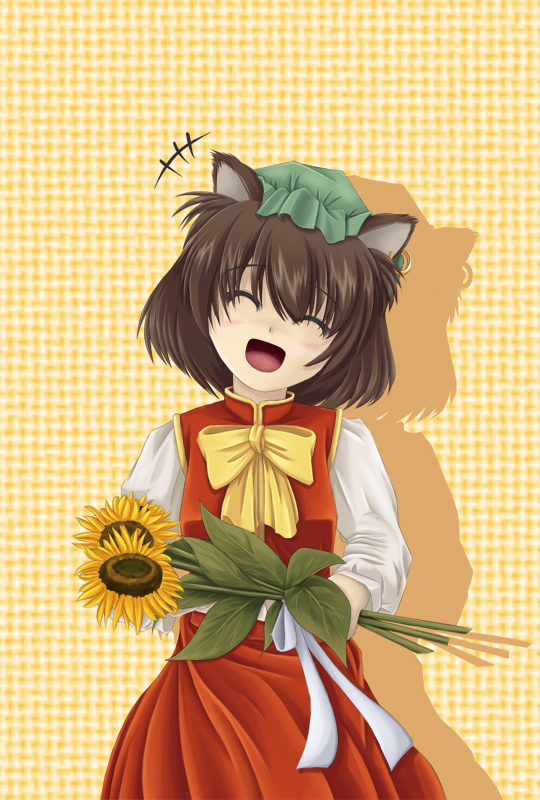 para, para (dachsaria), chen, touhou, 1girl, animal ears, brown hair, cat ears, cat girl, closed eyes, earrings, female focus, flower, hat, jewelry, plant, short hair, skirt, smile, solo, sunflower