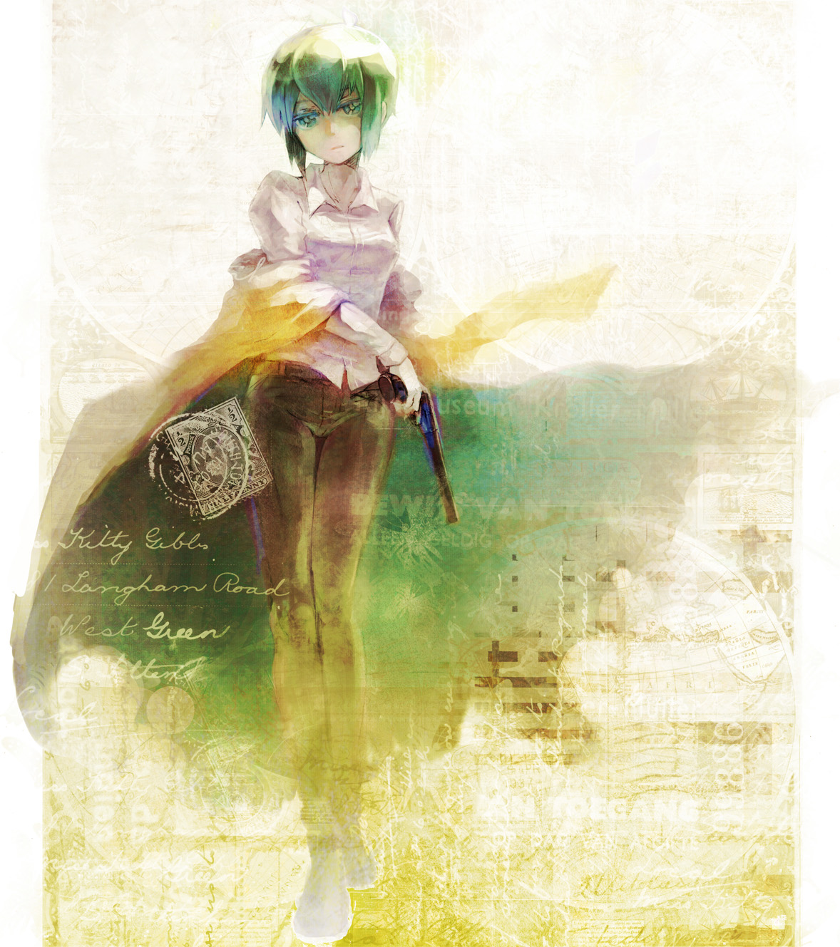 utsumi haku, kino (kino no tabi), kino no tabi, bad id, bad pixiv id, highres, 00s, 1girl, androgynous, coat, female focus, green eyes, gun, handgun, postage stamp, reverse trap, revolver, shirt, short hair, solo, stamp, tomboy, watermark, weapon
