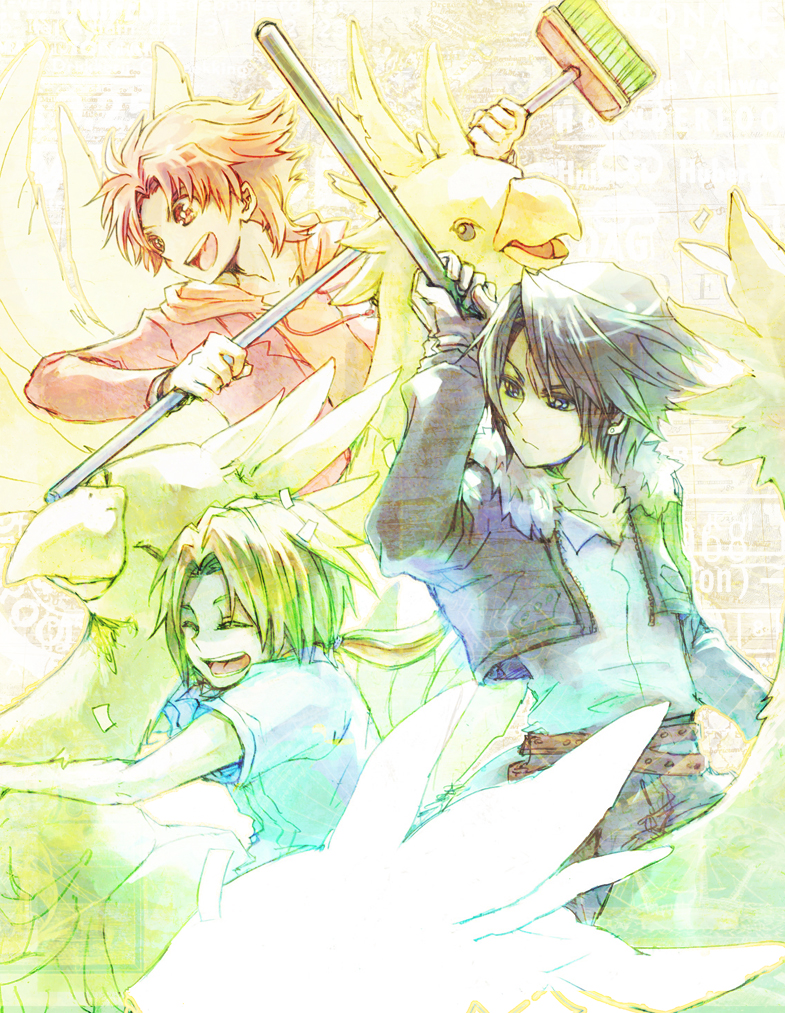 utsumi haku, bartz klauser, chocobo, squall leonhart, zidane tribal, dissidia final fantasy, final fantasy, final fantasy ix, final fantasy v, final fantasy viii, 00s, 1990s (style), 3boys, blonde hair, blue eyes, broom, brown hair, casual, closed eyes, gloves, hood, hoodie, jacket, male focus, mop, multiple boys, open mouth, ponytail, riding, scar