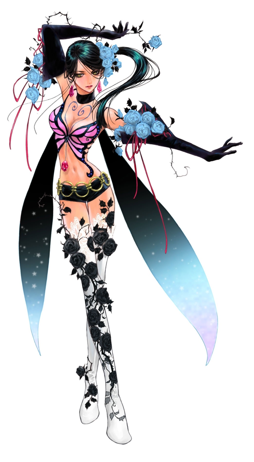 inomata mutsumi, zafina, namco, tekken, tekken 6, highres, official art, 1girl, abs, alternate costume, belt, black flower, black gloves, black rose, blue flower, blue rose, boots, breasts, bug, butterfly, choker, cleavage, elbow gloves, flower, gloves, insect, long hair, midriff, narrow waist, ponytail, rose, short shorts, shorts, thigh boots, thighhighs
