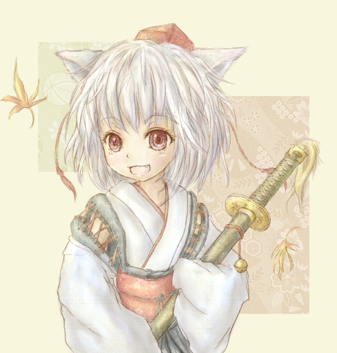 amano jack, inubashiri momiji, touhou, silver hair, bad id, bad pixiv id, 1girl, :d, animal ears, detached sleeves, female focus, grin, japanese clothes, kimono, open mouth, red eyes, sash, smile, solo, sword, tassel, teeth, upper body, weapon, wolf ears