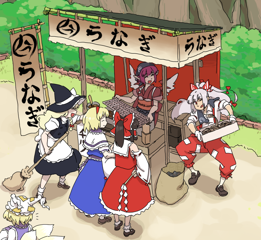 mitsumoto jouji, ume (noraneko), alice margatroid, fujiwara no mokou, hakurei reimu, kirisame marisa, mystia lorelei, okamisty, yakumo ran, touhou, silver hair, bad id, bad pixiv id, 6+girls, alternate costume, animal ears, animal hat, blonde hair, bow, braid, broom, brown hair, detached sleeves, female focus, fox tail, gloves, hair bow, hair ribbon, hairband, hands in opposite sleeves, hat, japanese clothes, long hair, long sleeves, miko, mob cap, multiple girls, multiple tails, outdoors, pink hair, puffy short sleeves, puffy sleeves, red eyes, ribbon, shoes, short hair, short sleeves, socks, suspenders, tail, tassel, wings, witch, witch hat