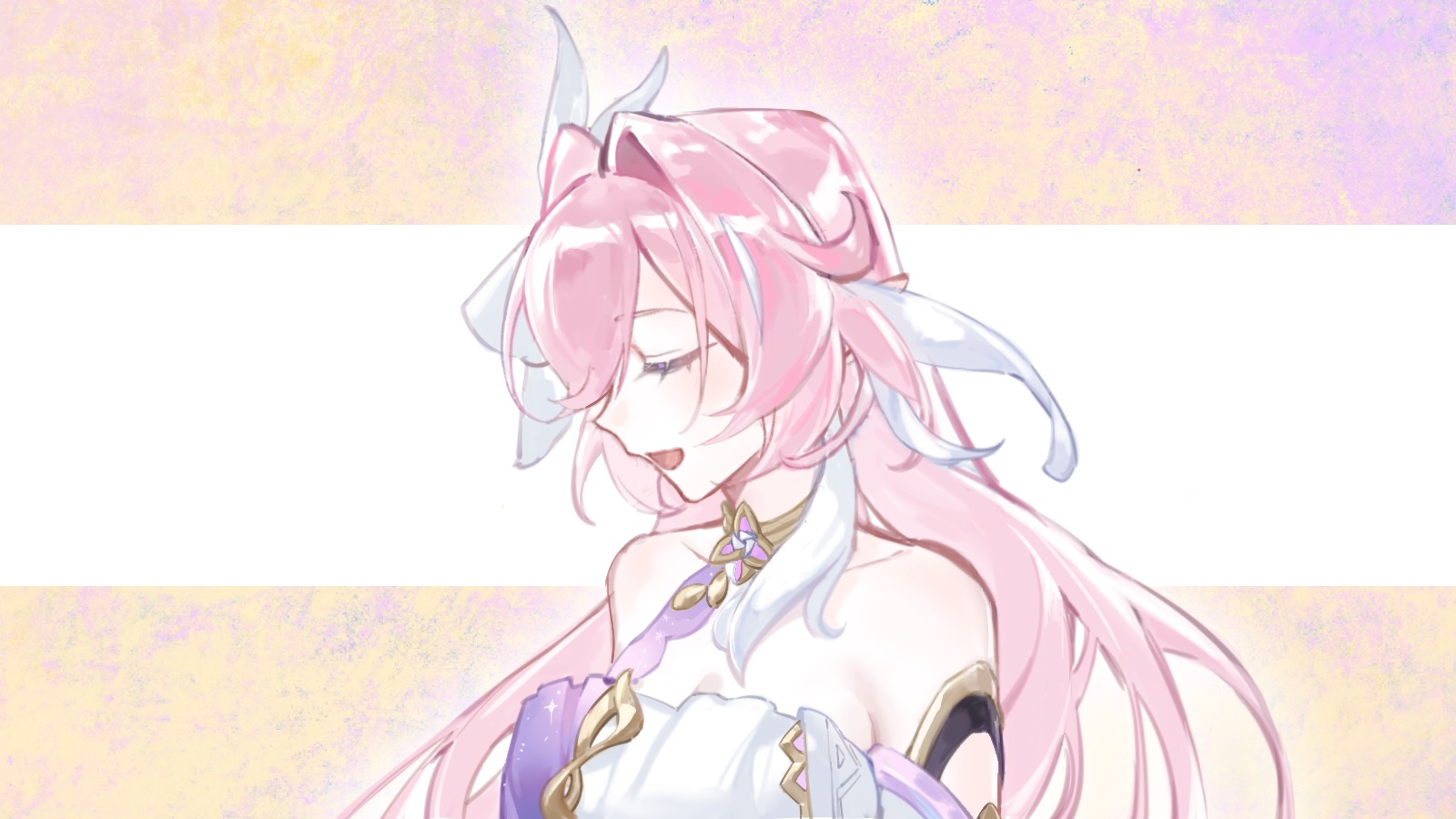 seawave02974, elysia (herrscher of human: ego) (honkai impact), elysia (honkai impact), honkai (series), honkai impact 3rd, commentary request, highres, procreate (medium), 1girl, bare shoulders, breasts, closed eyes, hair ornament, large breasts, multicolored hair, pink hair, solo, triquetra, two-tone background, two-tone hair, upper body, white hair