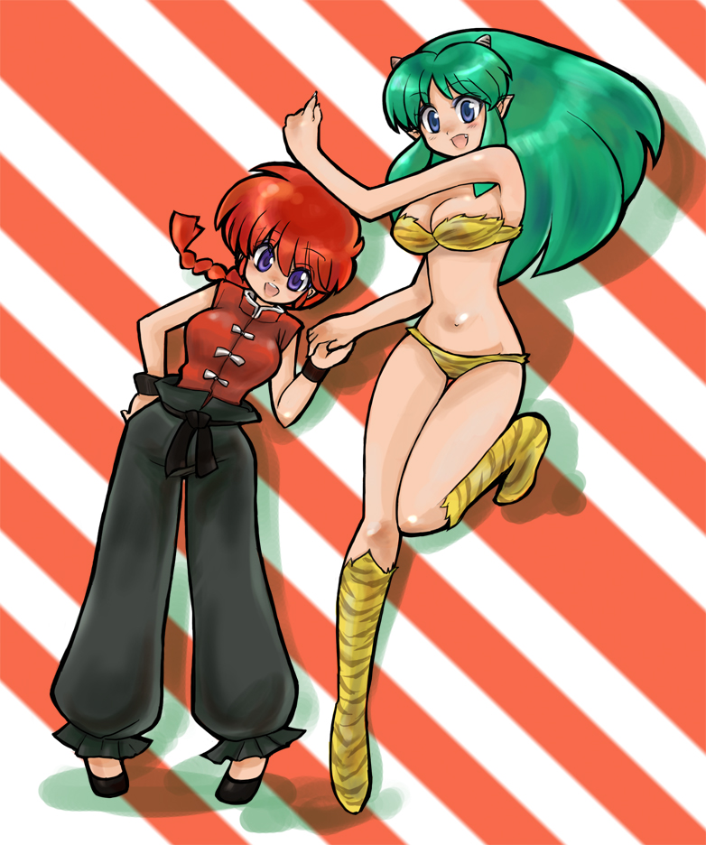 momo&a, wakaba23, lum, ranma-chan, saotome ranma, ranma 1/2, urusei yatsura, 2girls, animal print, bikini, blue eyes, braid, china dress, chinese clothes, cone horns, creator connection, crossover, dress, fang, genderswap, genderswap (mtf), green hair, horns, multiple girls, no socks, pointy ears, purple eyes, red hair, small horns, swimsuit, tangzhuang, tiger print
