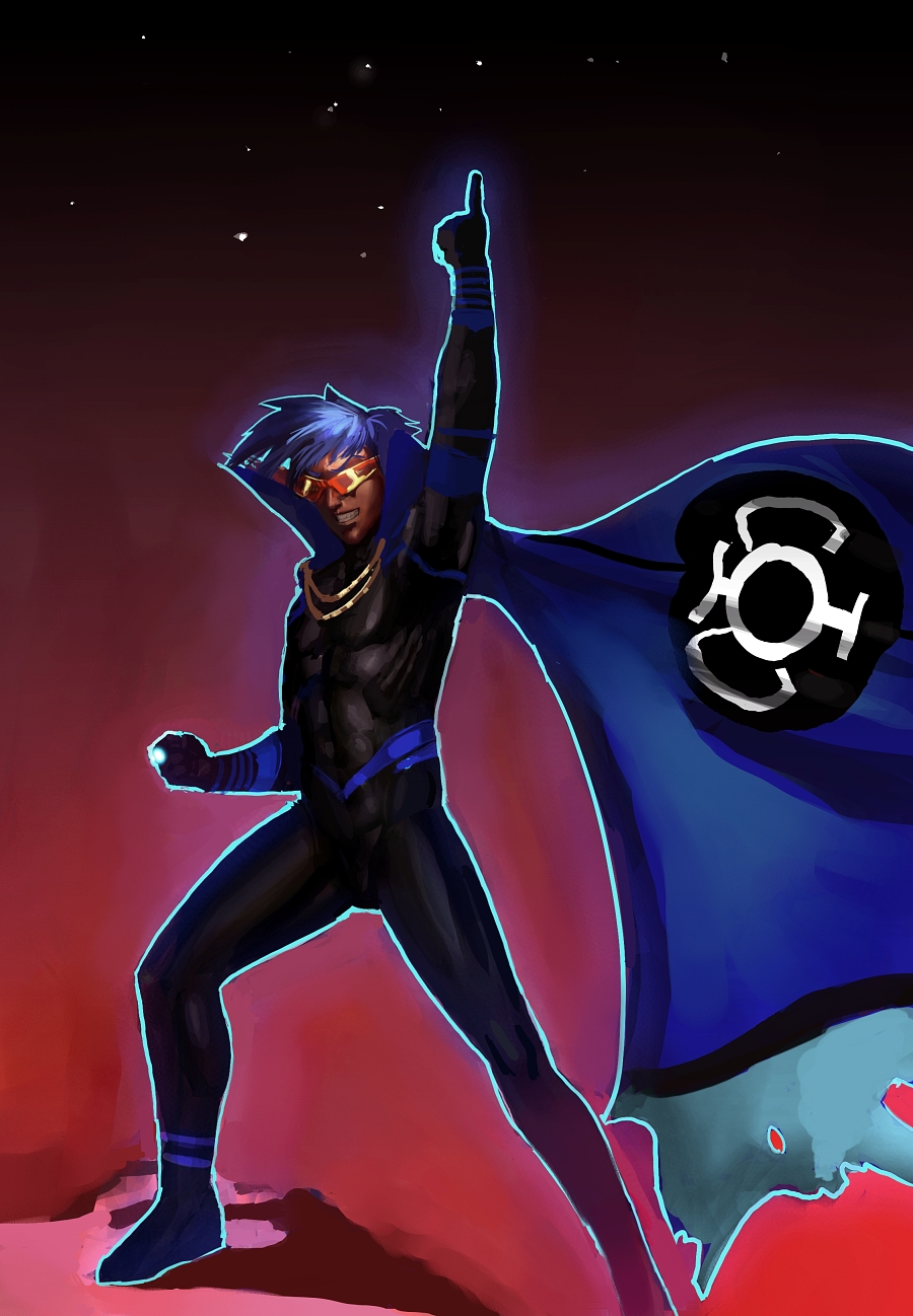 morganagod, blue lantern, kamina (ttgl), dc comics, green lantern (series), tengen toppa gurren lagann, highres, 00s, 1boy, blue hair, cape, crossover, dark, glasses, jewelry, kamina pose, kamina shades, male focus, night, night sky, pointing, pointing up, ring, skin tight, sky, solo, spandex, star (sky), triangular eyewear