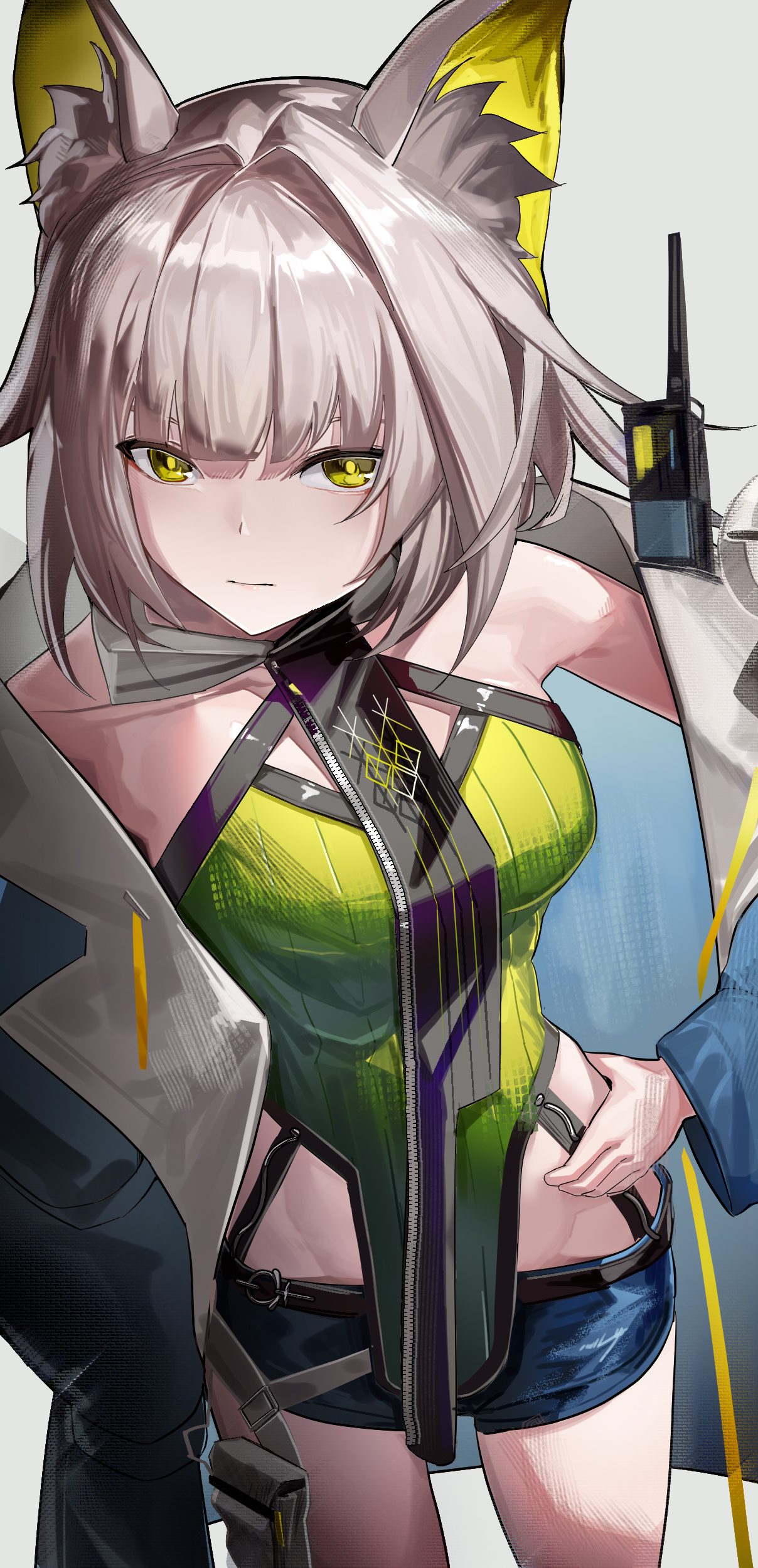 aoi wakashi chiyo, infection monitor (arknights), kal'tsit (arknights), kal'tsit (remnant) (arknights), arknights, absurdres, commentary request, highres, 1girl, animal ear fluff, animal ears, bare shoulders, blue coat, blue shorts, breasts, cat ears, cat girl, closed mouth, coat, colored inner animal ears, cowboy shot, denim, denim shorts, dot nose, dress, expressionless, foreshortening, green dress, green eyes, grey background, grey hair, groin, hair intakes, hand on own hip, long sleeves, looking at viewer, medium breasts, official alternate costume, open clothes, open coat, pouch, short hair, short shorts, shorts, simple background, solo, standing, walkie-talkie