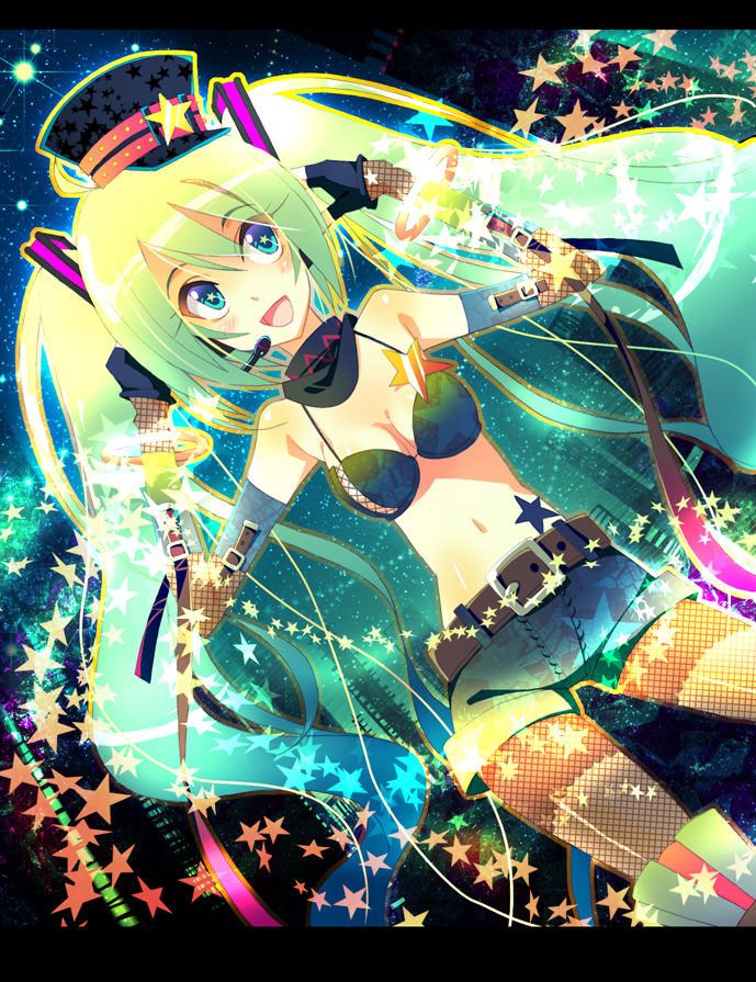 yamadori yoshitomo, hatsune miku, project diva, project diva (series), vocaloid, bad id, bad pixiv id, 1girl, adapted costume, aqua eyes, belt, bra, breasts, cleavage, female focus, fishnets, green hair, headset, lingerie, long hair, medium breasts, midriff, navel, shorts, solo, thighhighs, twintails, underwear, very long hair
