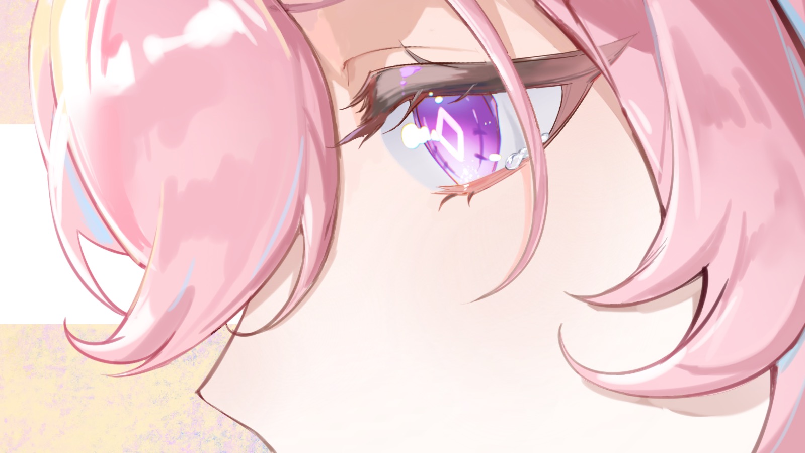 seawave02974, elysia (herrscher of human: ego) (honkai impact), elysia (honkai impact), honkai (series), honkai impact 3rd, chinese commentary, commentary request, highres, procreate (medium), 1girl, diamond-shaped pupils, diamond (shape), eye focus, pink hair, purple eyes, solo, symbol-shaped pupils, tears