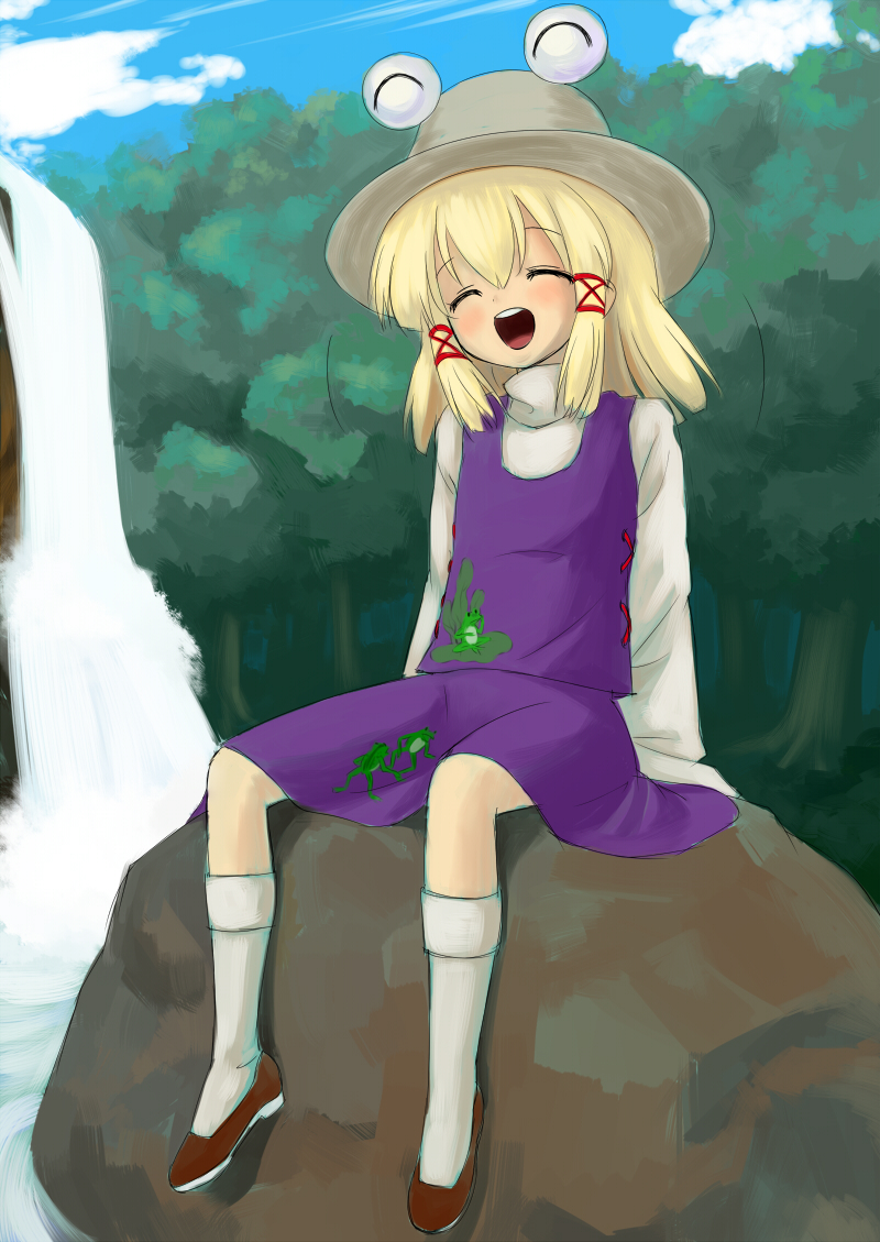 chagen kokimu, moriya suwako, touhou, bad id, bad pixiv id, 1girl, ^ ^, blonde hair, closed eyes, cloud, day, female focus, forest, frog, hat, nature, outdoors, short hair, sitting, skirt, sky, socks, solo, water, waterfall