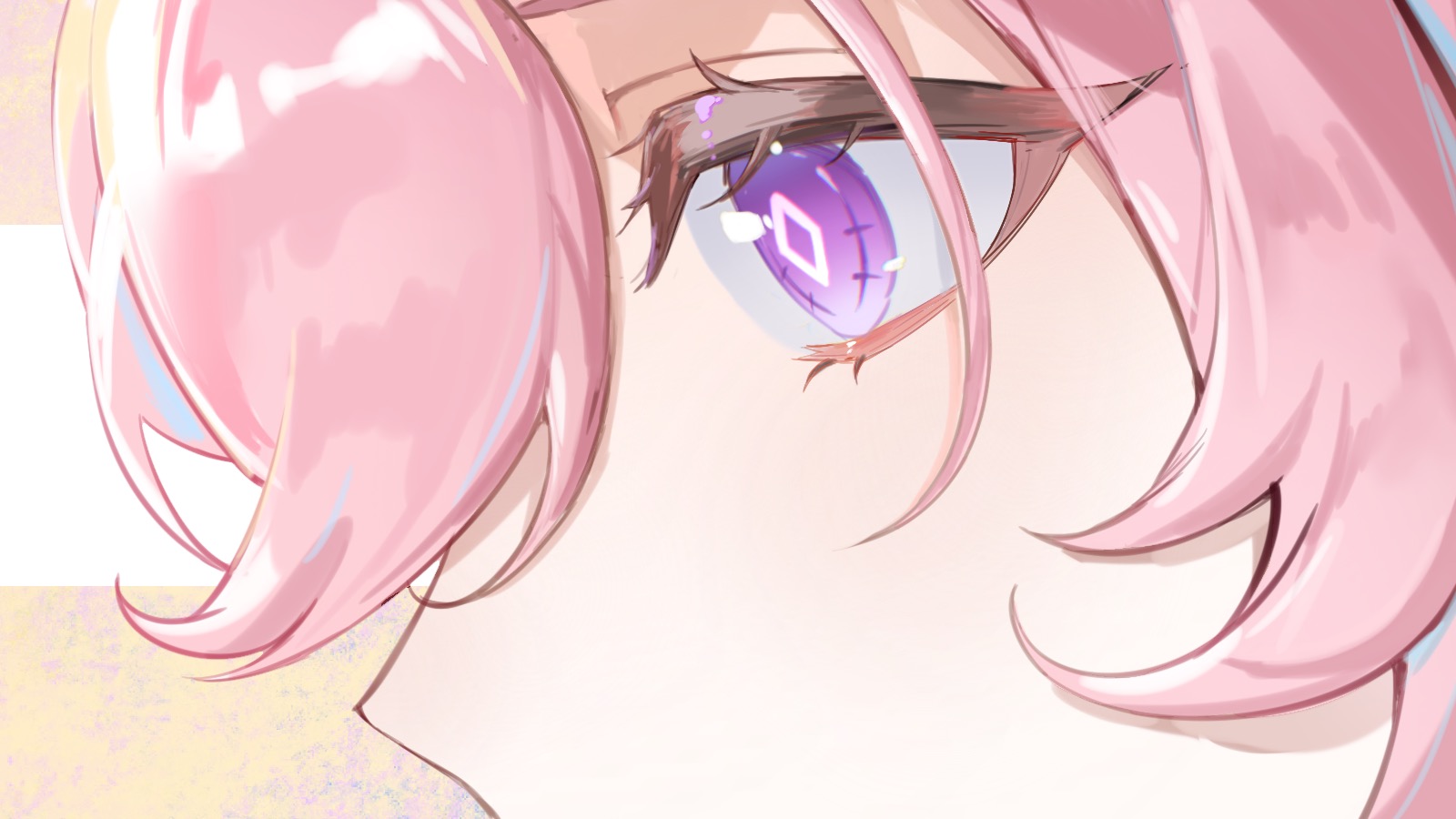 seawave02974, elysia (herrscher of human: ego) (honkai impact), elysia (honkai impact), honkai (series), honkai impact 3rd, chinese commentary, commentary request, highres, procreate (medium), 1girl, diamond-shaped pupils, diamond (shape), eye focus, pink hair, purple eyes, solo, symbol-shaped pupils