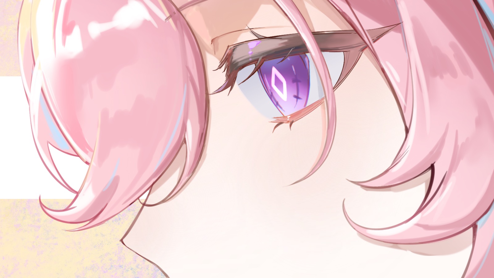 seawave02974, elysia (herrscher of human: ego) (honkai impact), elysia (honkai impact), honkai (series), honkai impact 3rd, chinese commentary, commentary request, highres, procreate (medium), 1girl, diamond-shaped pupils, diamond (shape), eye focus, pink hair, purple eyes, solo, symbol-shaped pupils