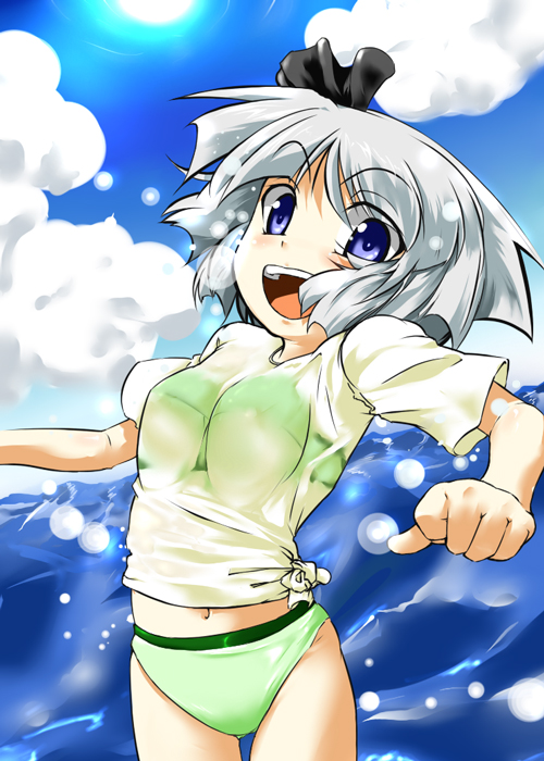 byoin, konpaku youmu, touhou, 1girl, bikini, bikini under clothes, day, female focus, green bikini, shirt, smile, solo, swimsuit, swimsuit under clothes, tankini, tied shirt, water, wet, wet clothes, wet shirt