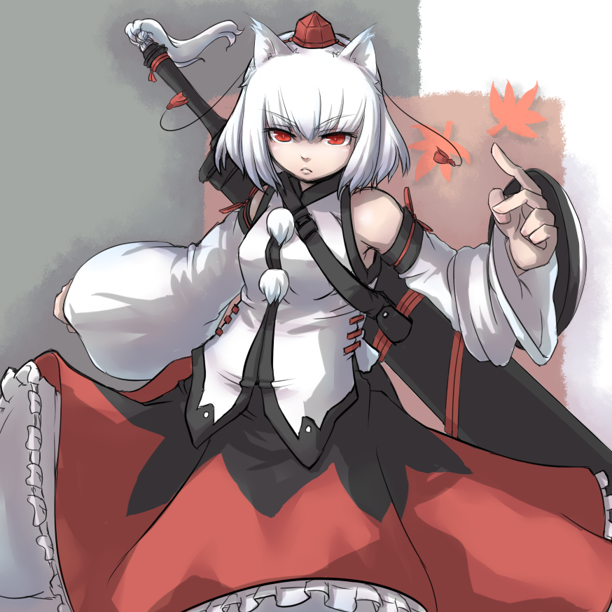 ishikoro, inubashiri momiji, touhou, silver hair, bad id, bad pixiv id, 1girl, animal ears, detached sleeves, female focus, hat, plant, red eyes, shield, short hair, solo, standing, sword, weapon, wolf ears
